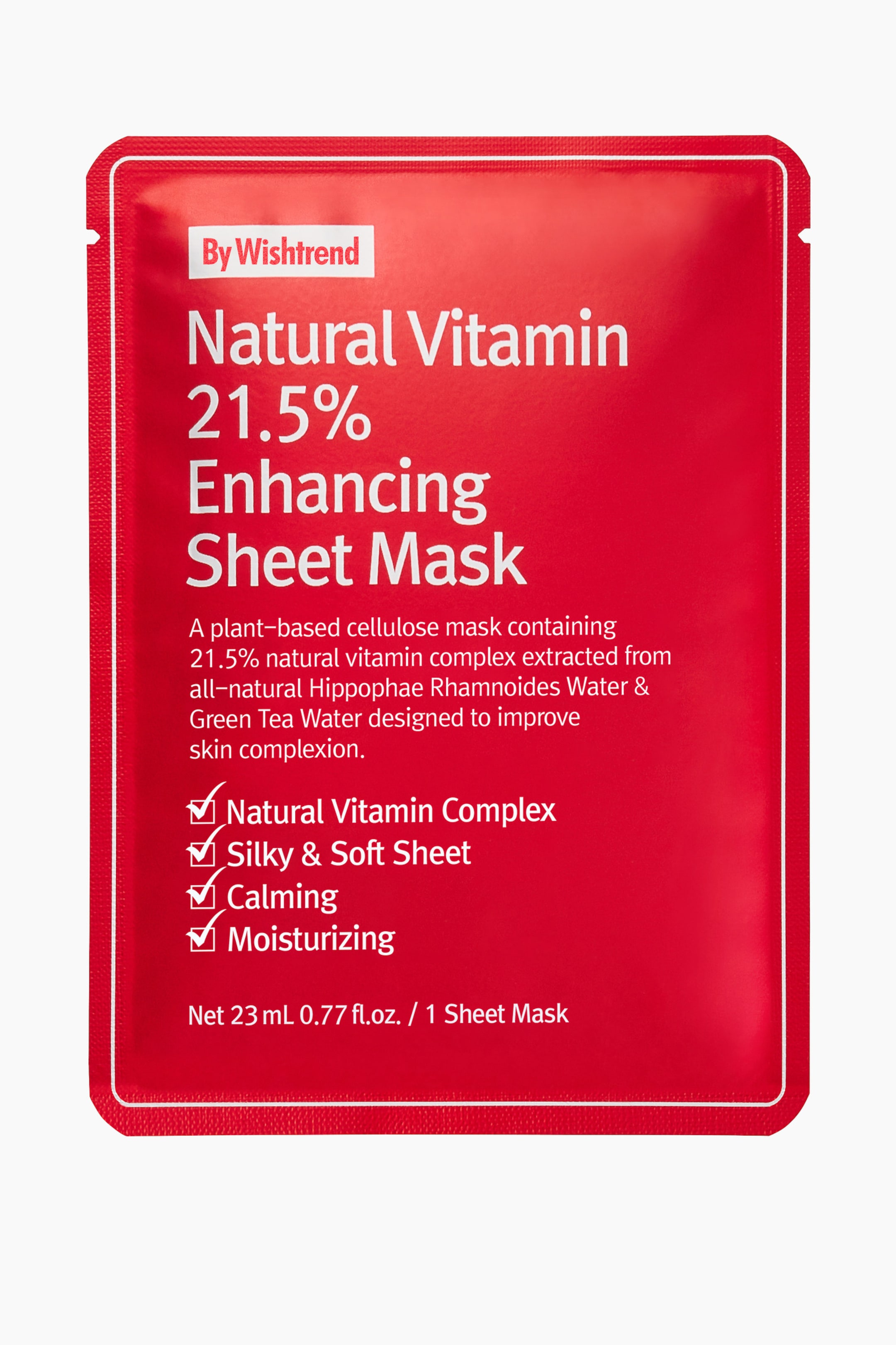 Visa större bild: Produkten är en röd, rektangulär förpackning för sheetmask, framåtvänd och med vit text på framsidan. Den visar "By Wishtrend Natural Vitamin 21.5% Enhancing Sheet Mask", tillsammans med en produktbeskrivning, listade fördelar och ett nettoinnehåll på 23 mL.
