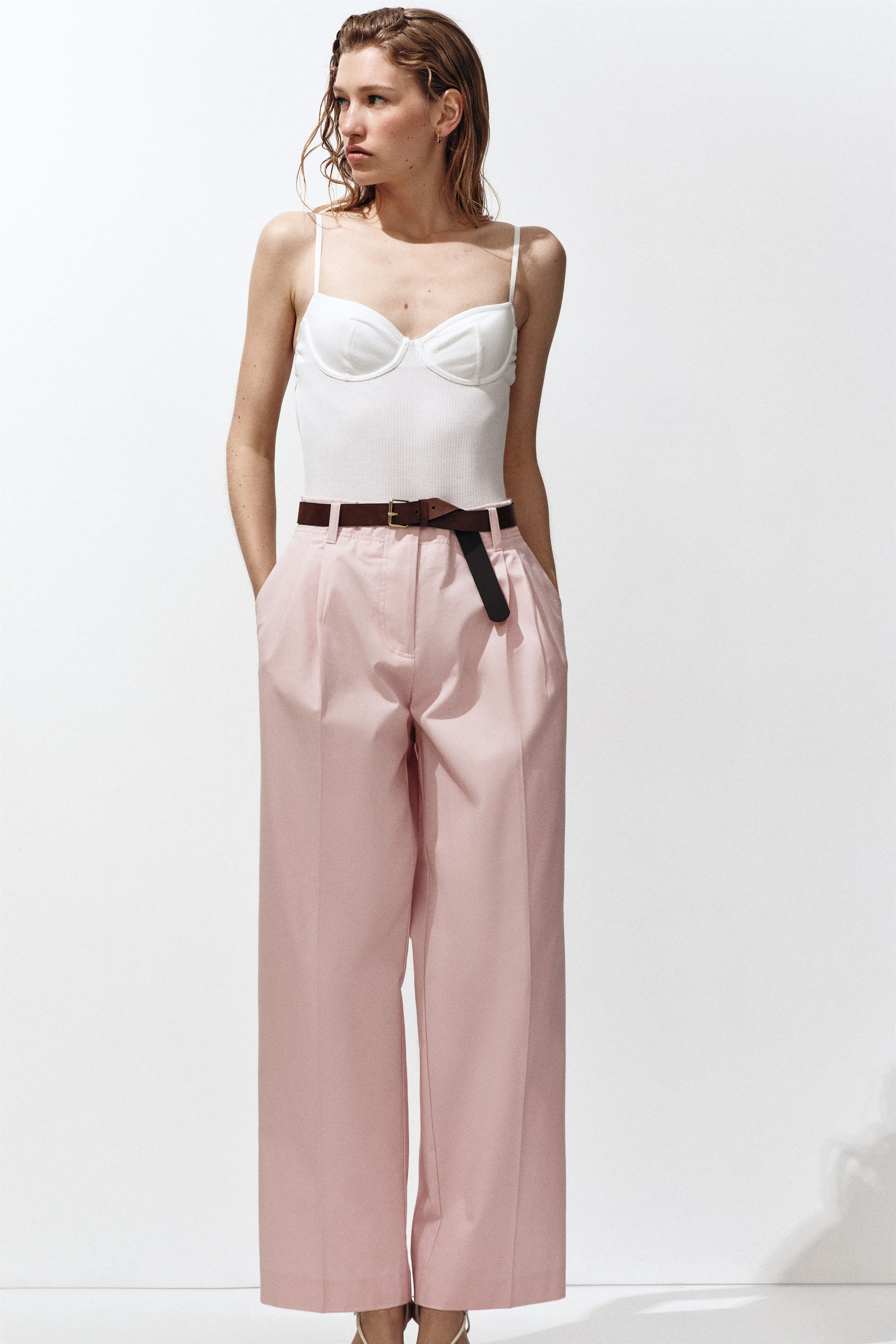 View larger image: Belted cotton chinos - Light pink - Ladies | H&M 1