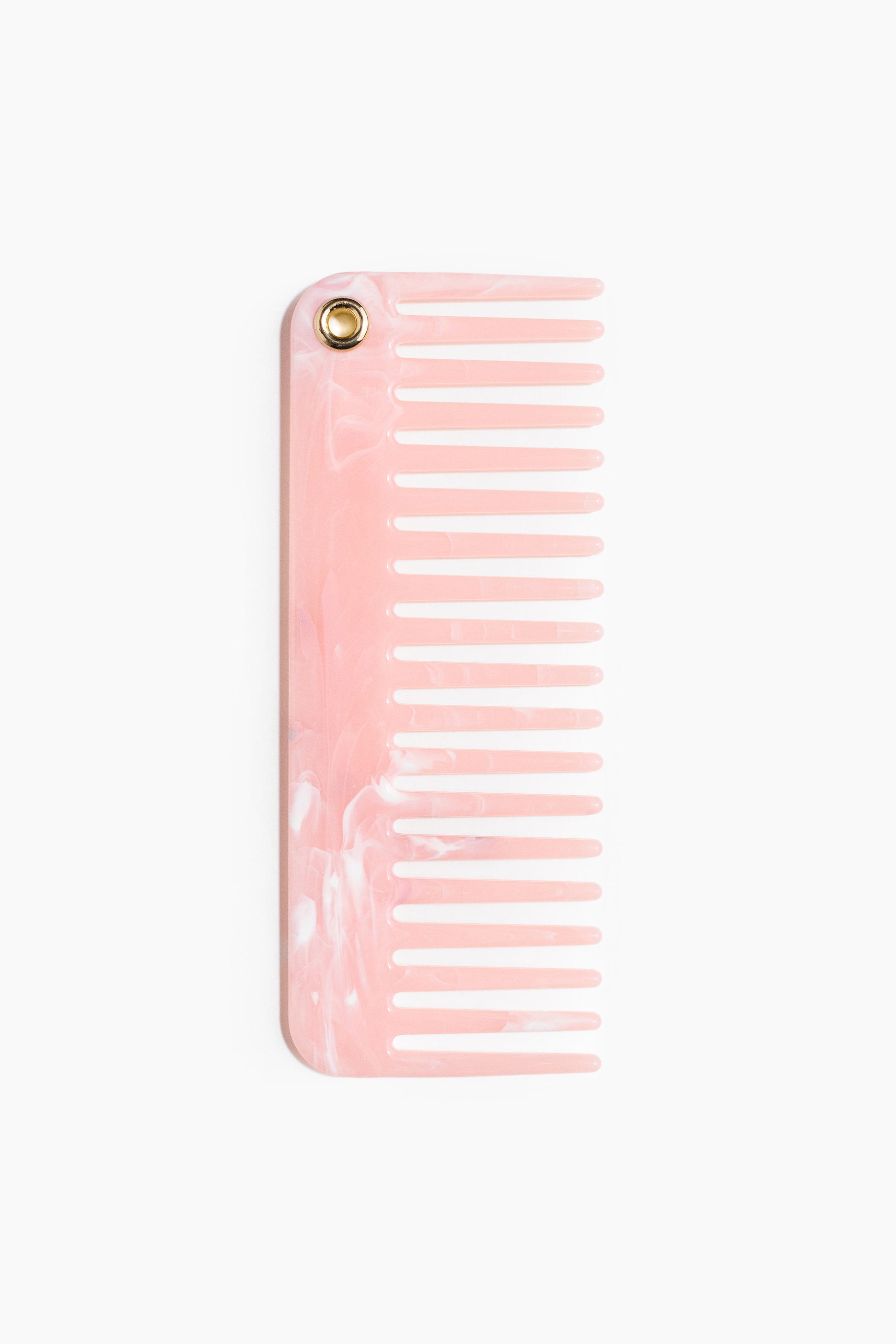 이미지 확대 보기: 분홍색과 흰색의 마블 패턴이 있는 넓은 빗은 넓고 평평하게 간격을 둔 이빨과 왼쪽 상단 모서리에 금색 그로밋이 특징입니다.