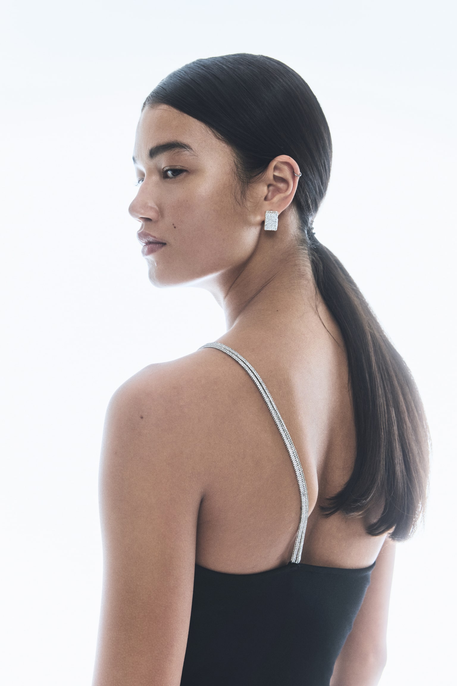 Rhinestone Strap One Shoulder Bodysuit - Black/Cream/Dusty brown - 3