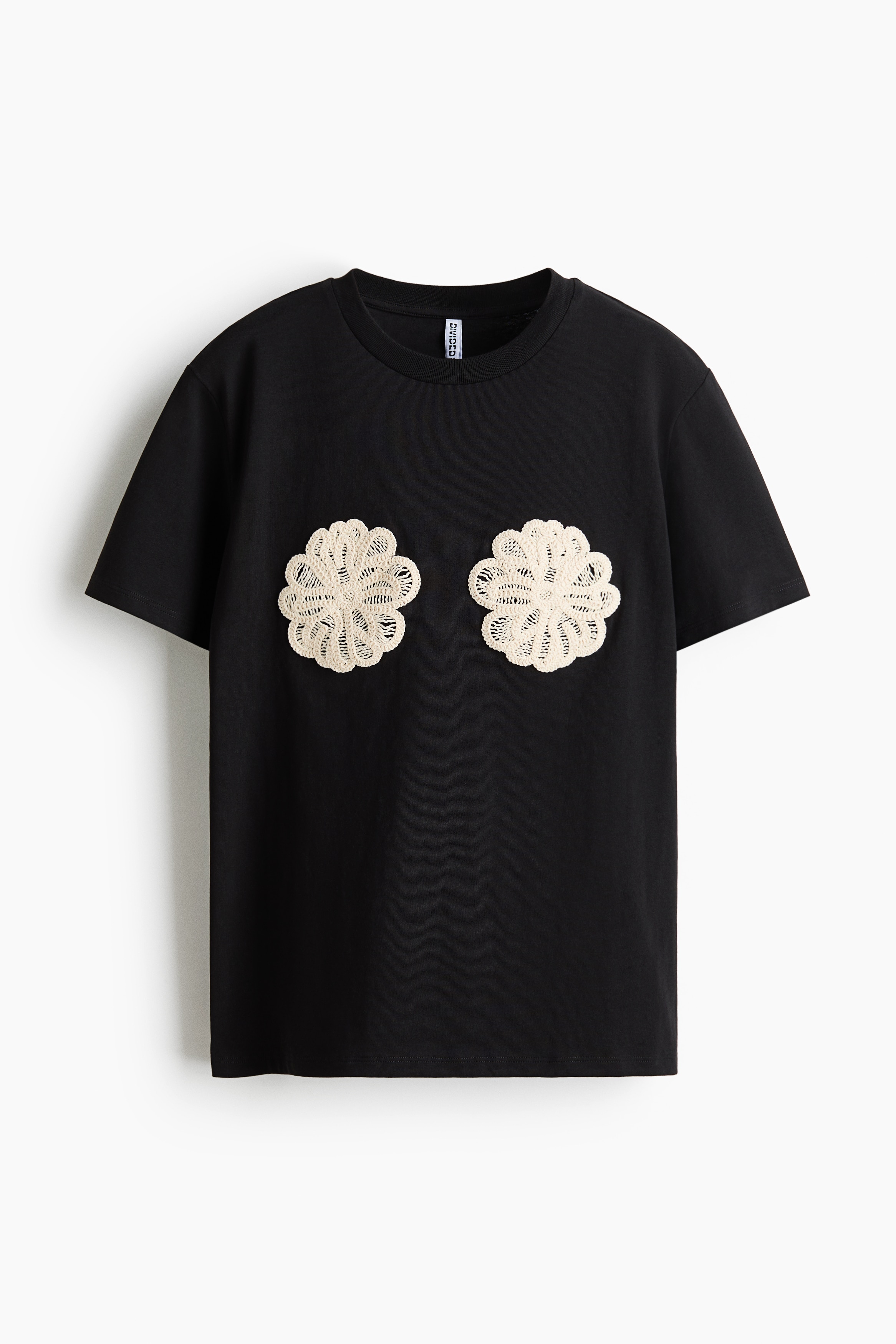 Appliquéd T-shirt - Black/Flowers/Cream/White/L'été