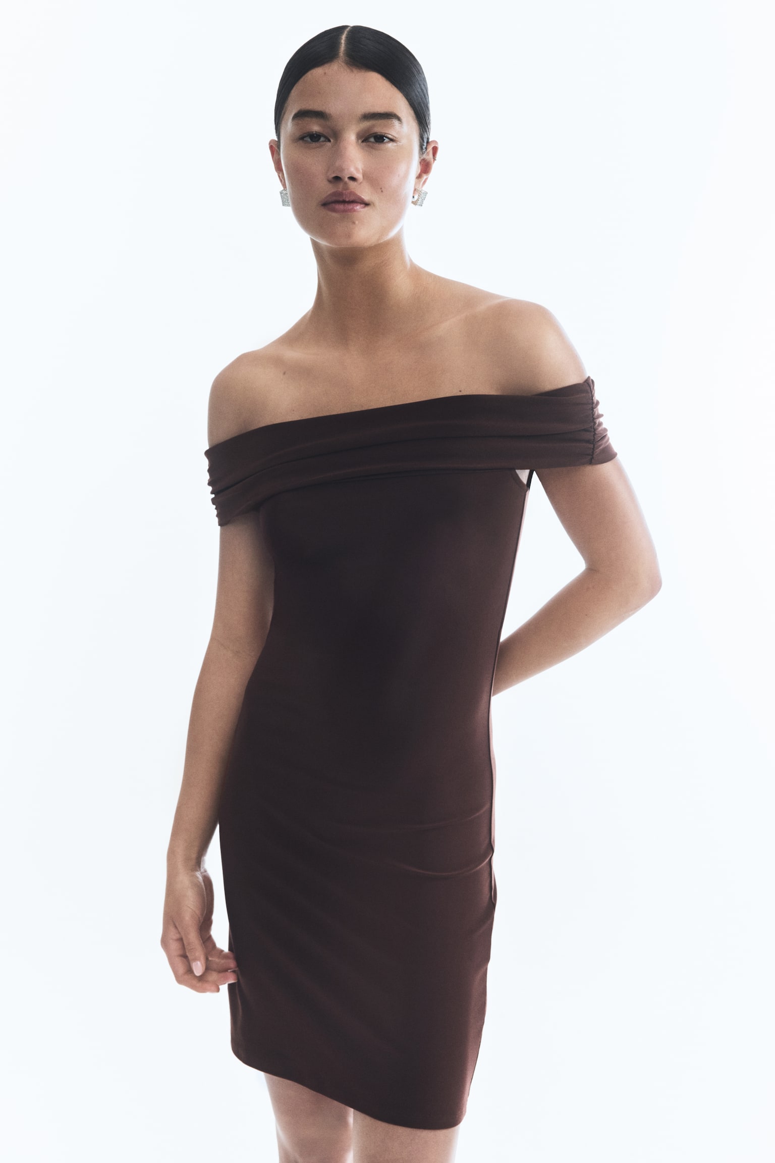 Off The Shoulder Dress - Dark brown/Black/White - 2