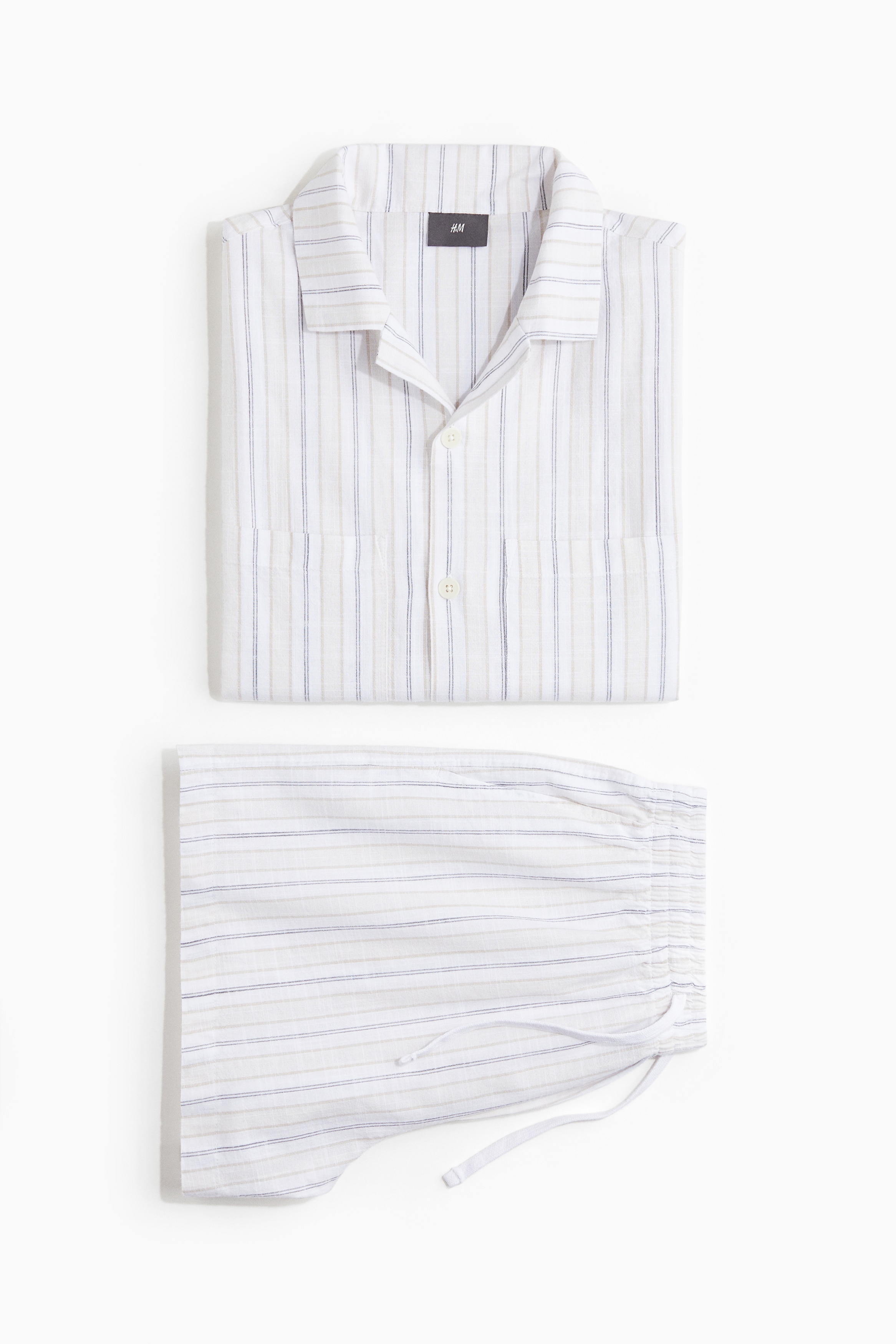 Cotton pyjama shirt and shorts - White/Dark blue/Striped