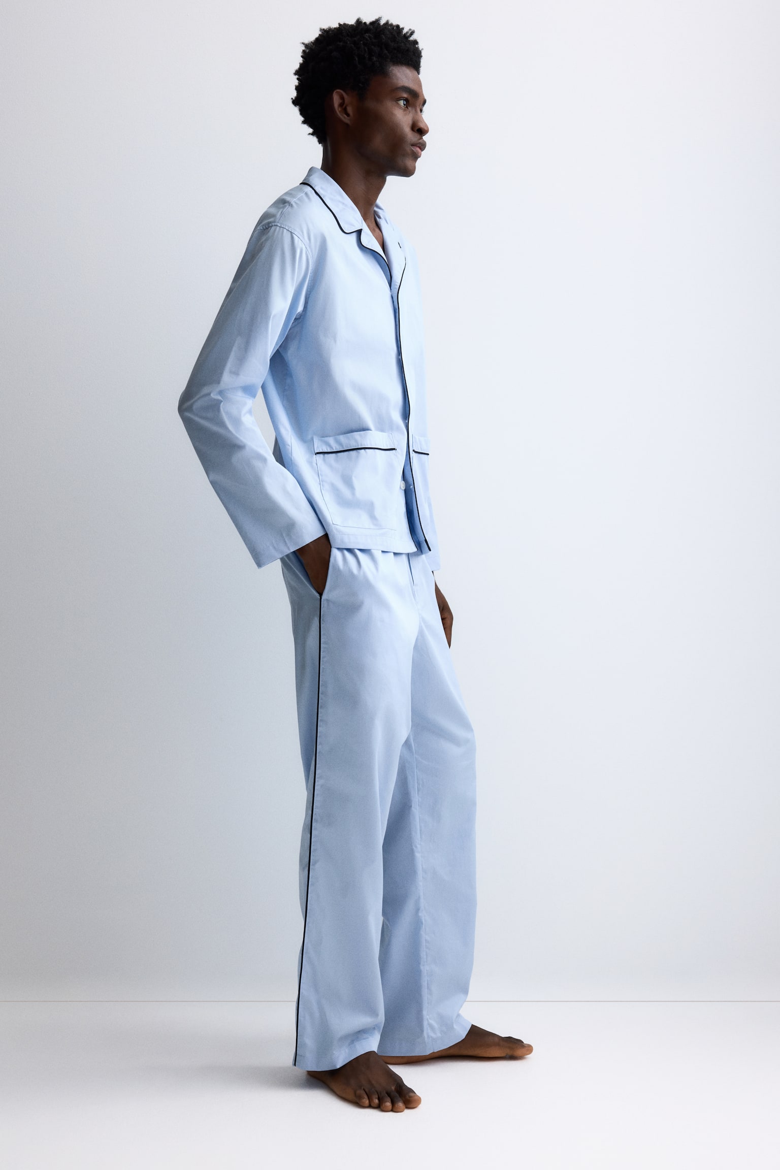 Cotton pyjama shirt and bottoms - Light blue/Burgundy - 3