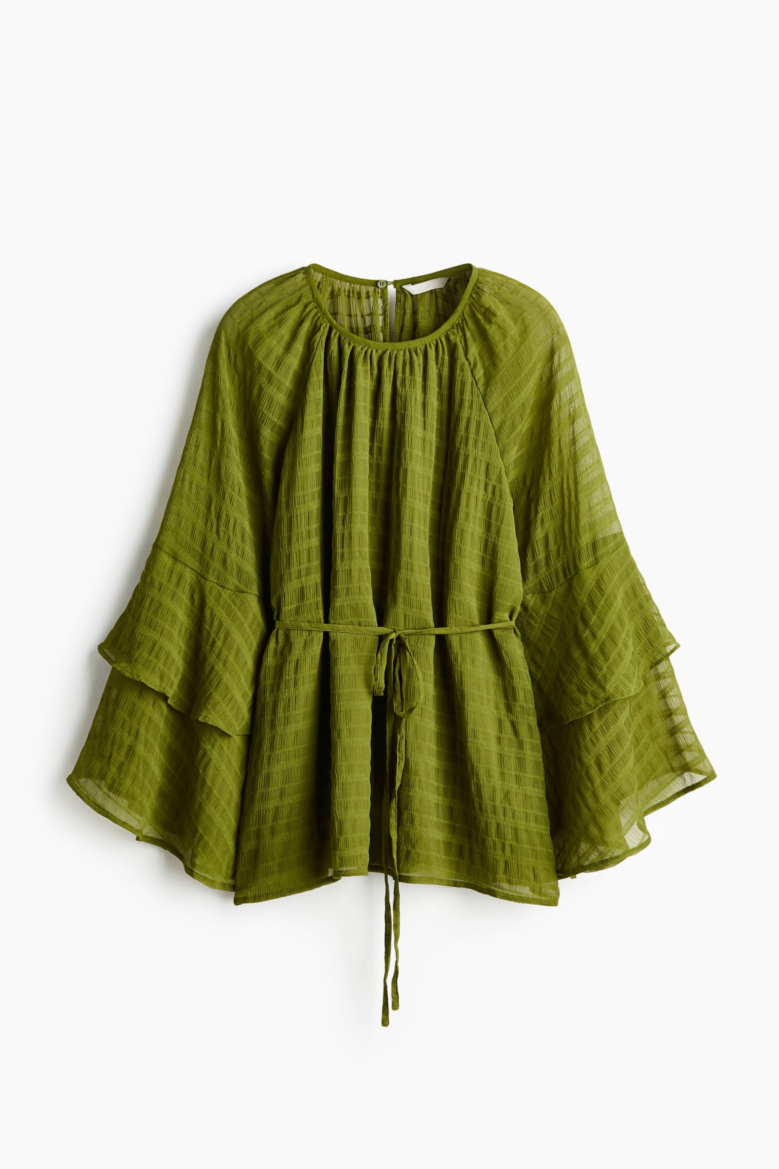 Flounced tie-belt blouse - Green/Dark brown