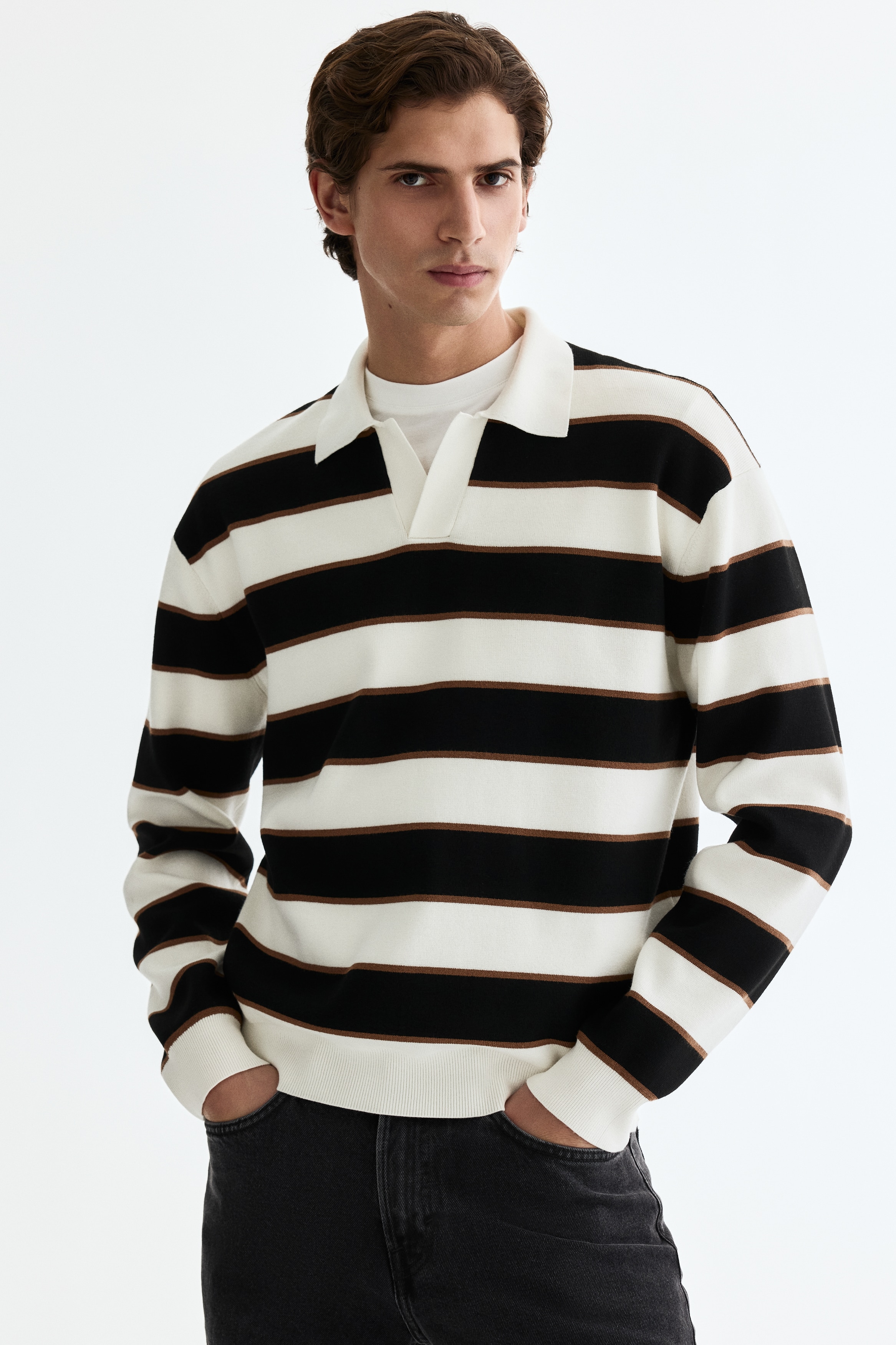 リラックスフィットポロシャツ - ブラック／ボーダー - Men | H&M JP