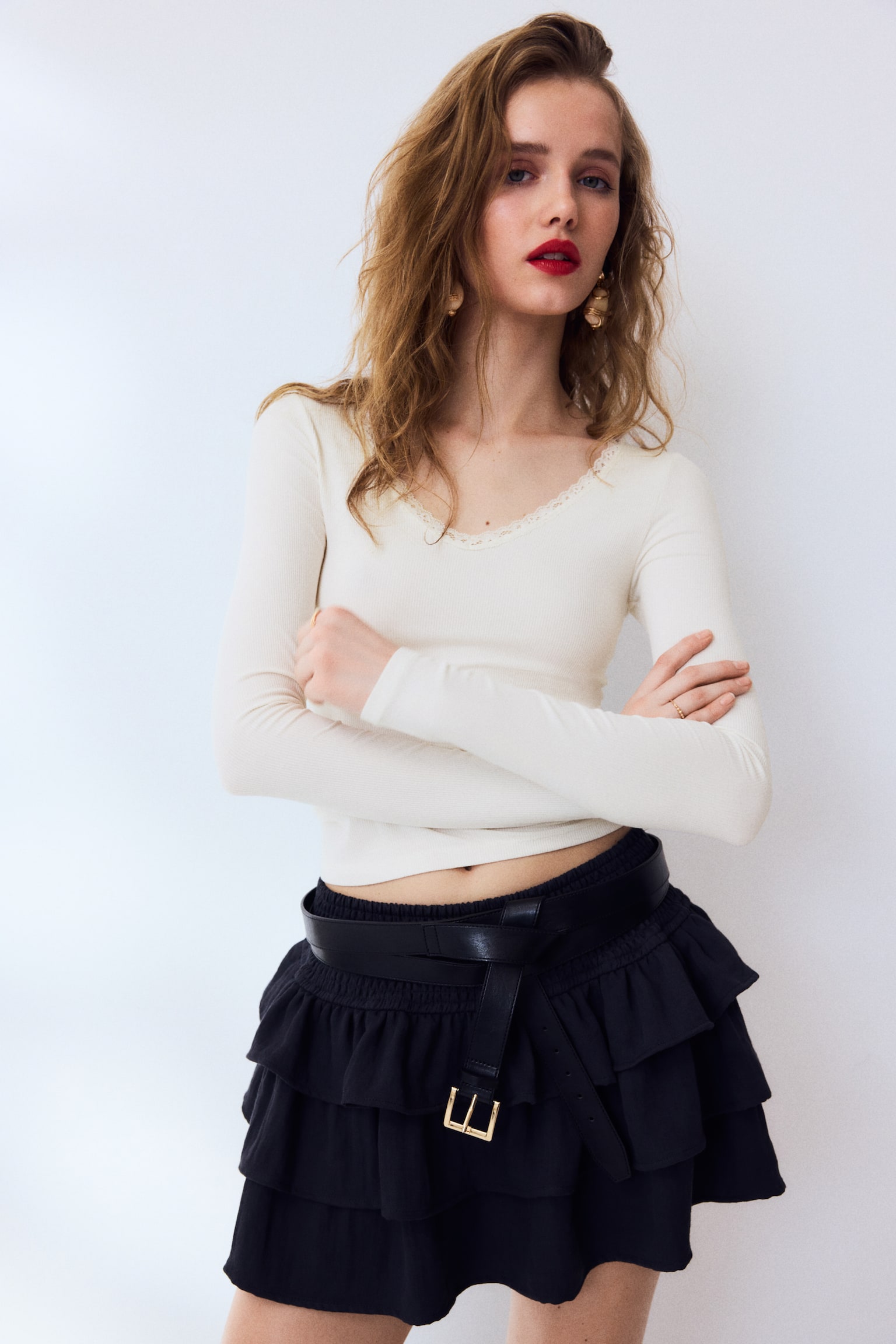 Maglia in jersey con pizzo - Crema/Viola prugna/Grigio chiaro mélange - 5