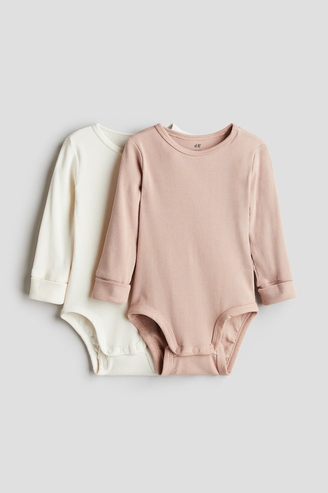 2-pack Long-sleeved Bodysuits - Dusty pink/white/Beige/striped/Light beige/black/Pink/beige - 1