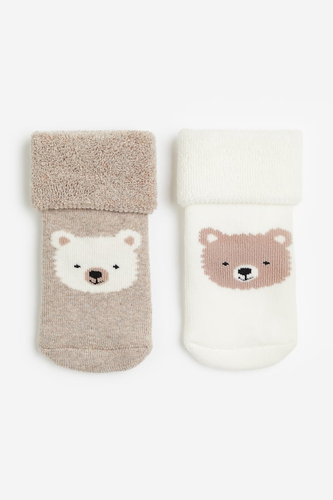 2-pack terry socks - Beige/Teddy Bear/Beige/Hello World/Light pink/Striped/White/dc/dc - 1