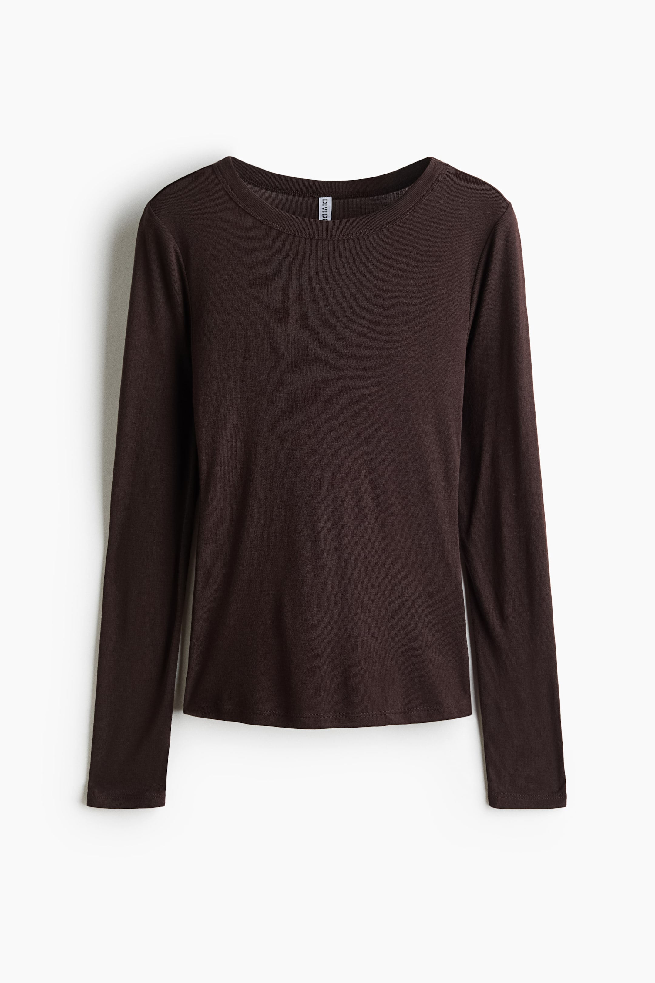 View larger image: A dark brown long-sleeved top is laid out flat, showcasing its front view. It features a round neckline, long sleeves, and a subtle ribbed texture.