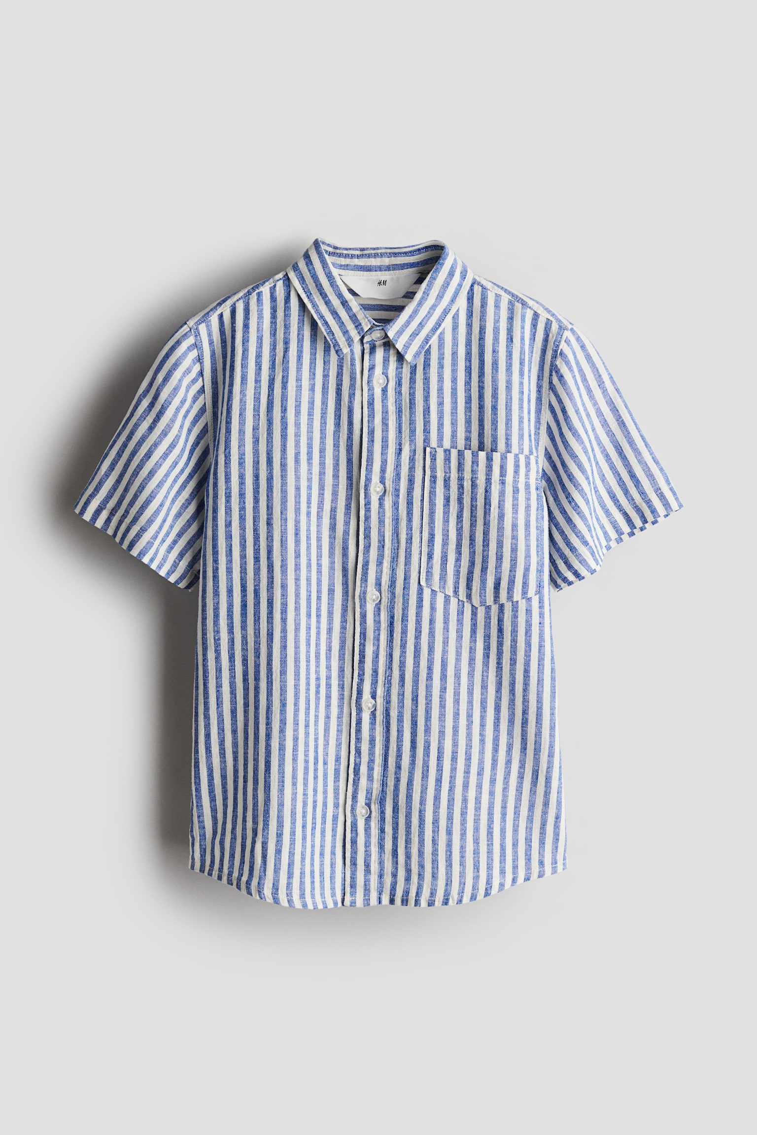 Short-sleeved linen-blend shirt - Blue/White striped - 1