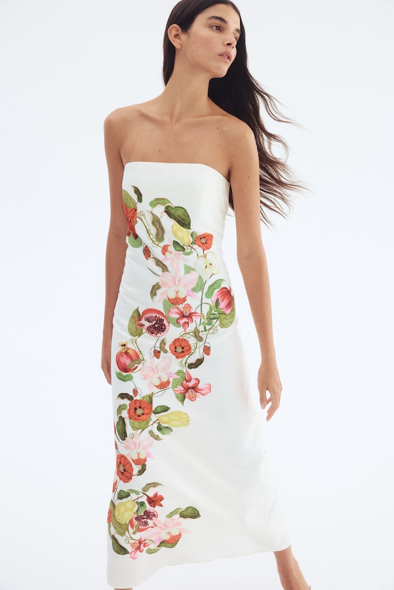 Printed linen-blend dress - White/Floral - Ladies | H&M GB