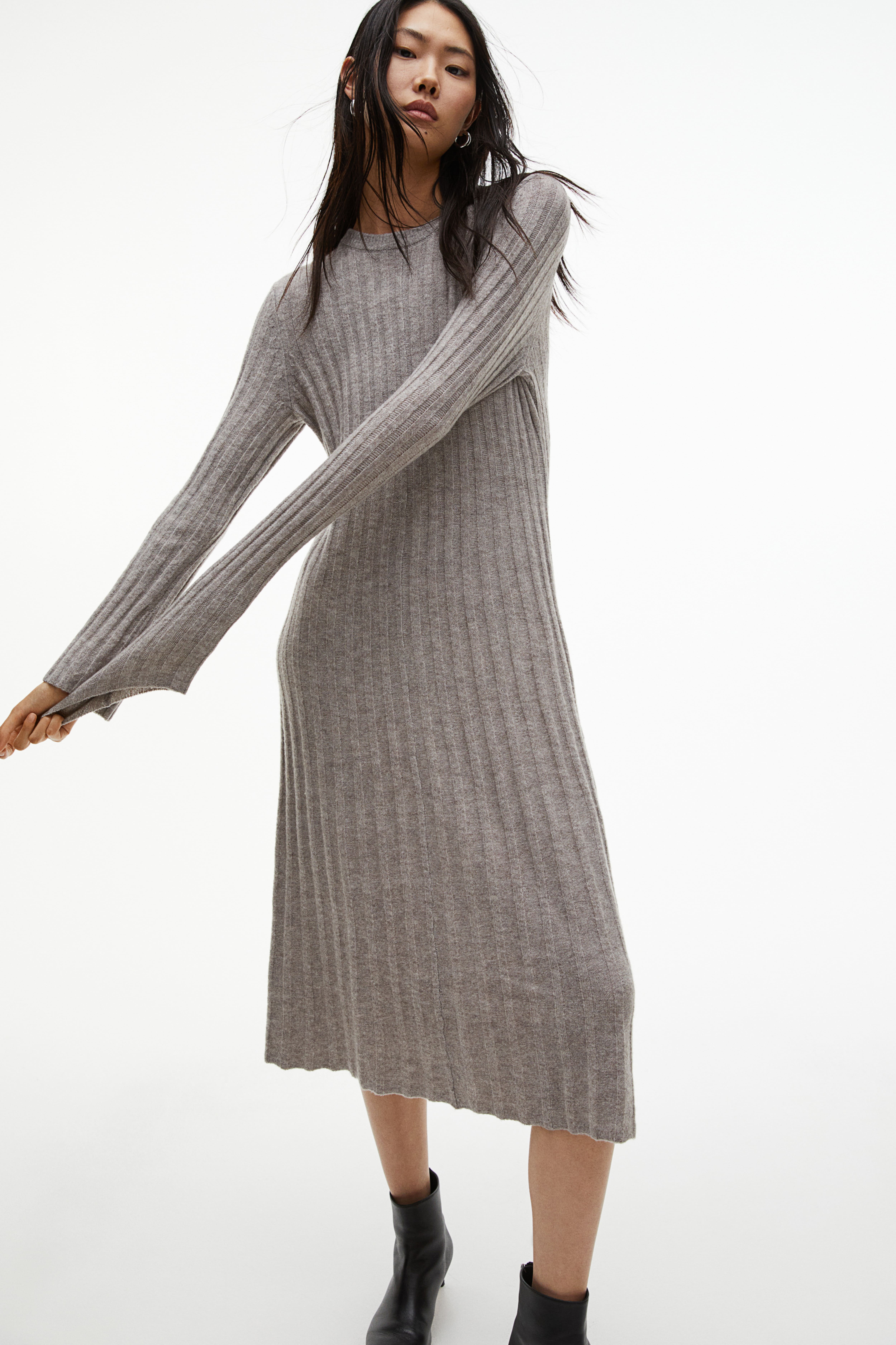 Rib-knit Dress - Round Neck - Long sleeve - Taupe - Ladies | H&M US