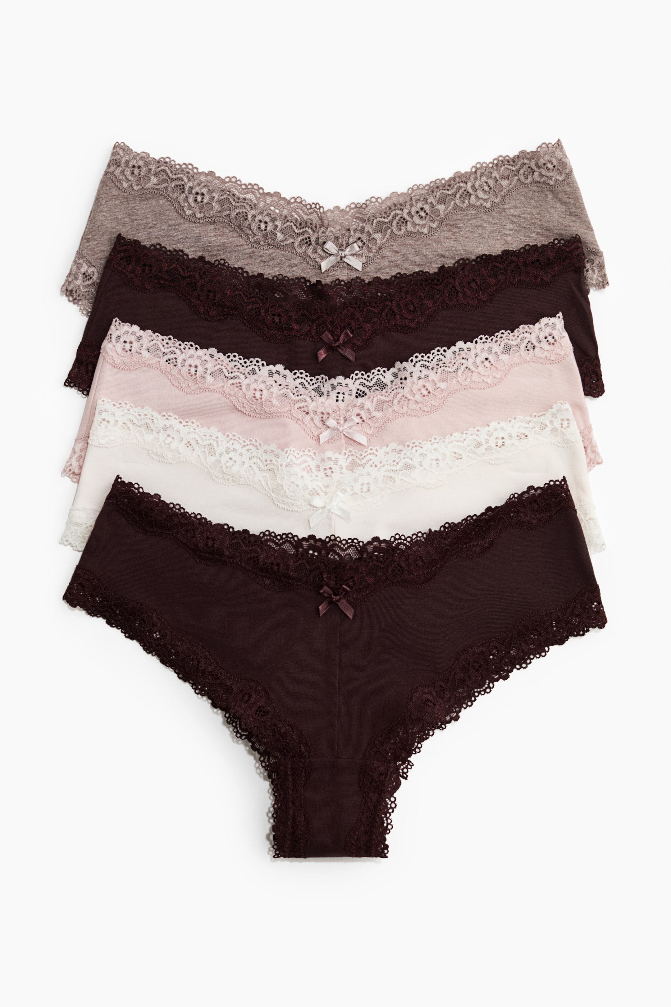 Zobrazit větší obrázek: Kalhotky hipster z bavlny a krajky 5 kusů - Mole marl/Burgundy/Light pink - ŽENY | H&M CZ 1