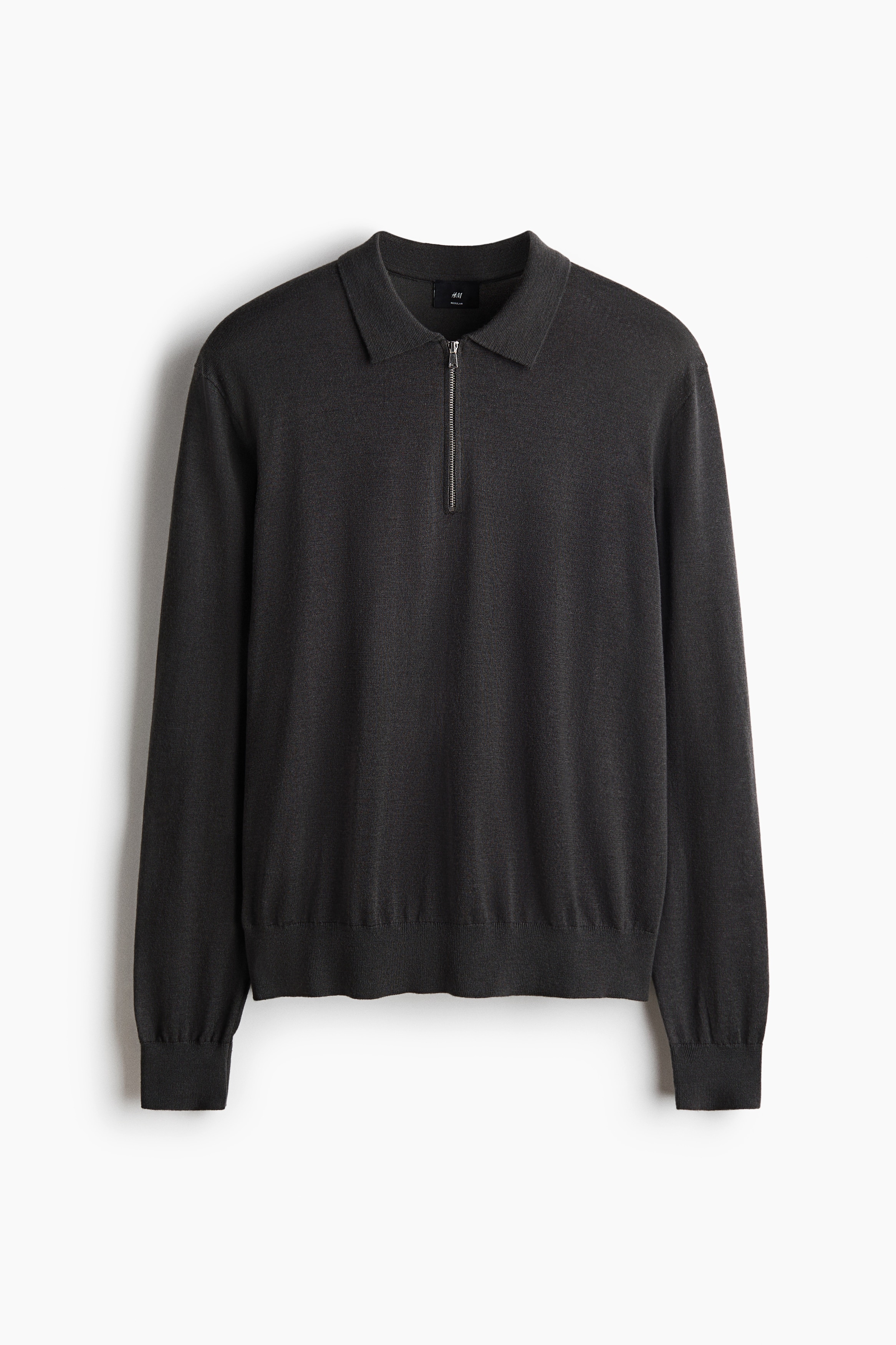 Regular Fit Merino wool zip-top polo shirt - Dark grey/Dark mole