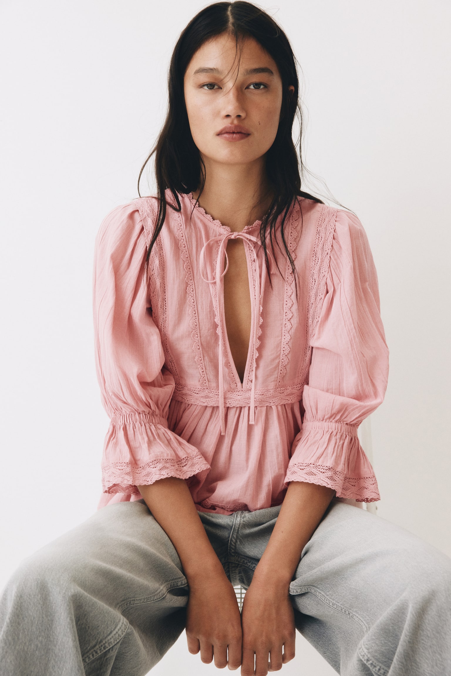 Lace-trimmed cotton blouse - Pink/Black/White - 1