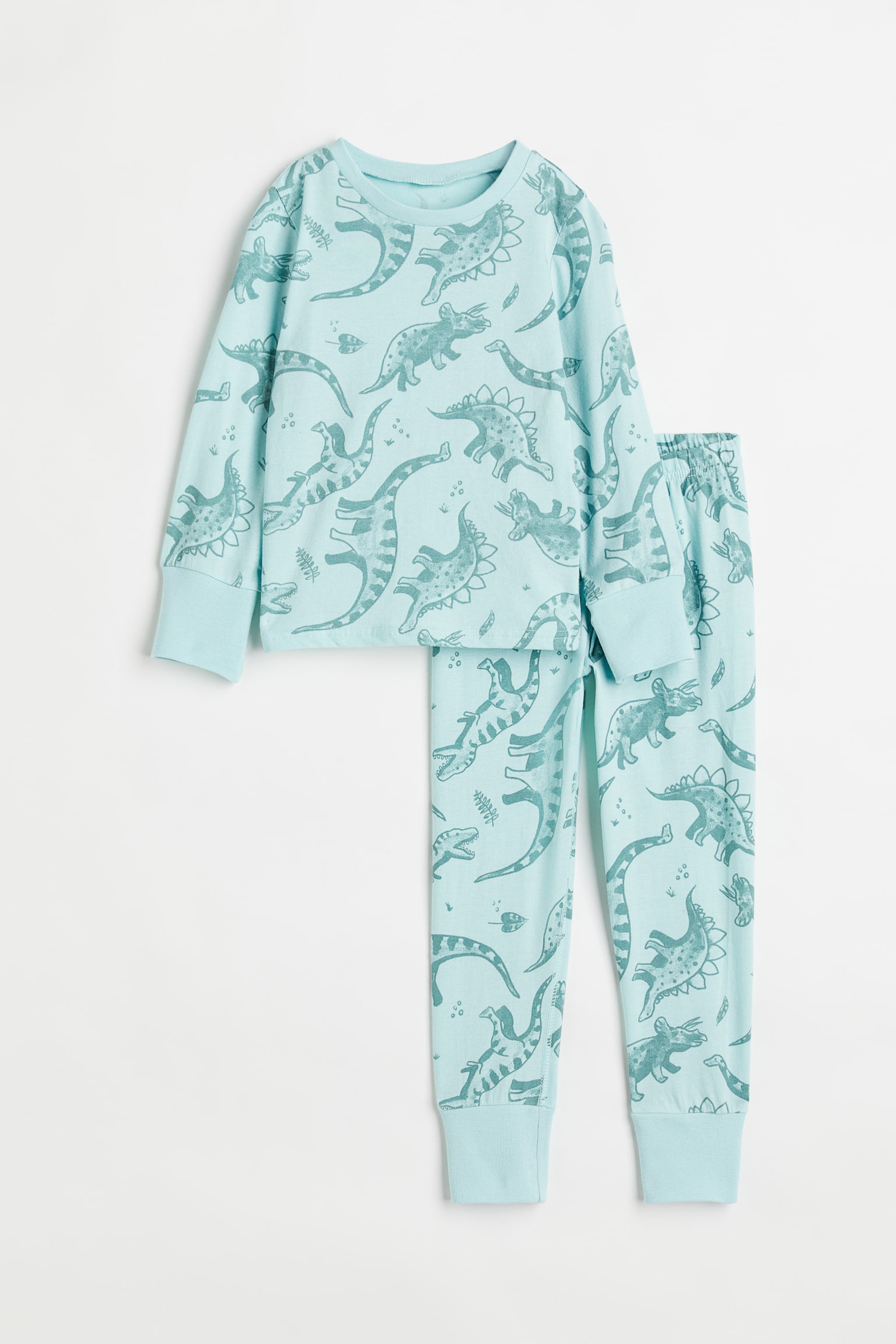 Foldover-trim pyjamas - Turquoise/Dinosaurs