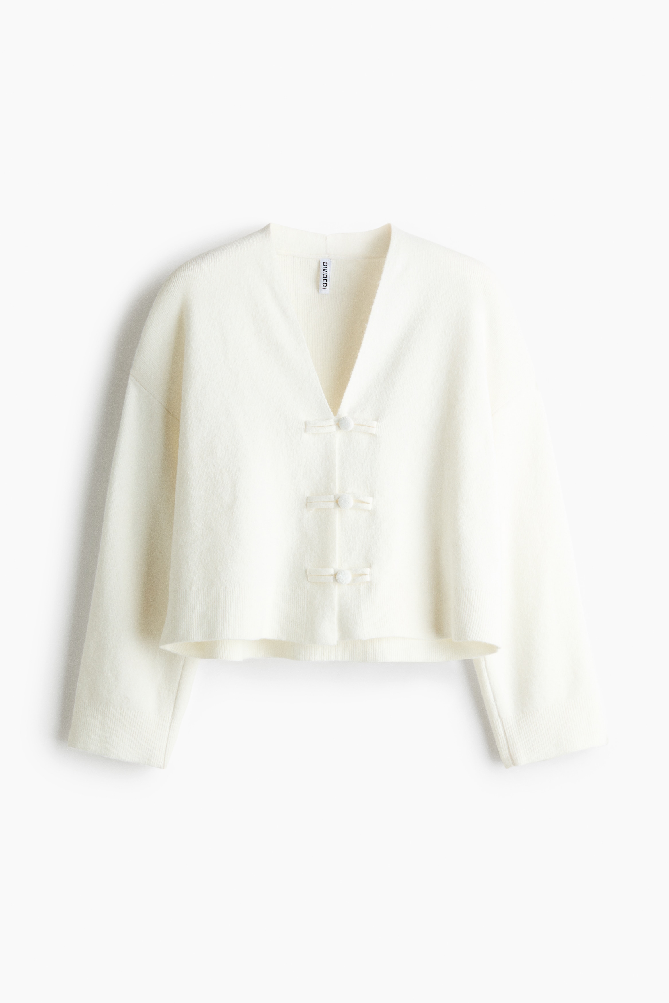 Cárdigan de cuello en V con botones de nudo - Blanco/Gris jaspeado oscuro