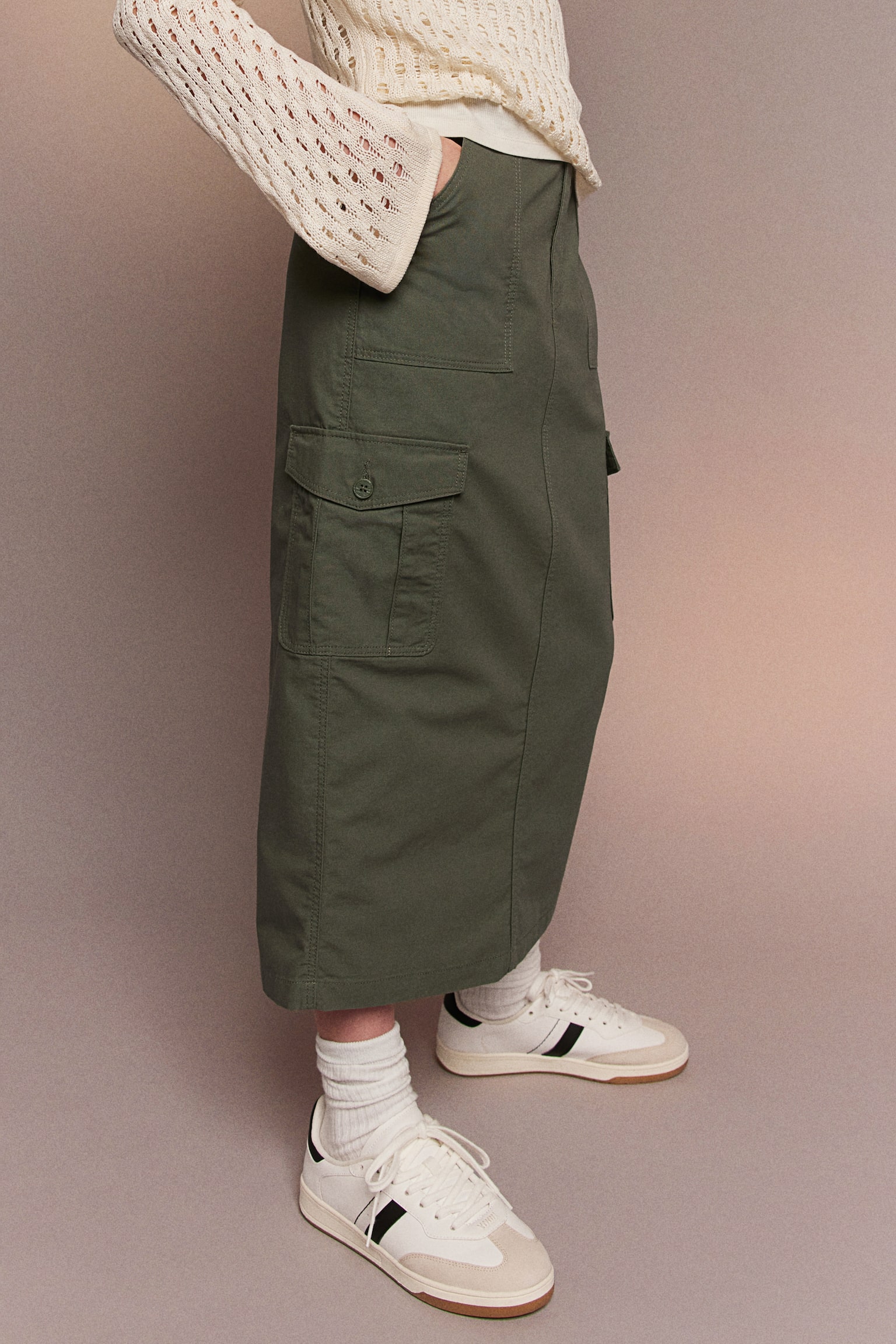 Cotton Cargo Skirt - Dark khaki green/Beige - 5