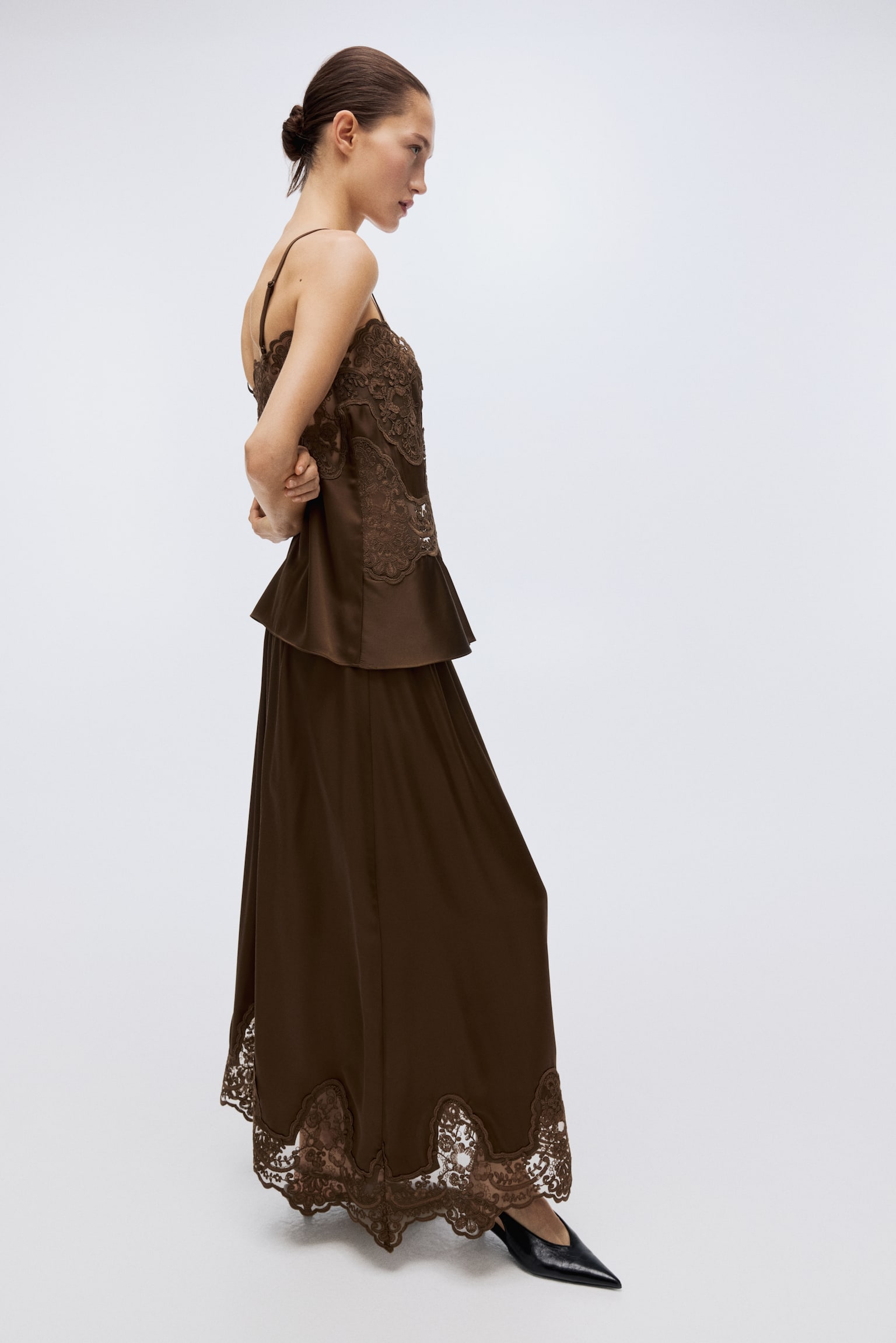 Lace-trimmed satin skirt - Brown - 1