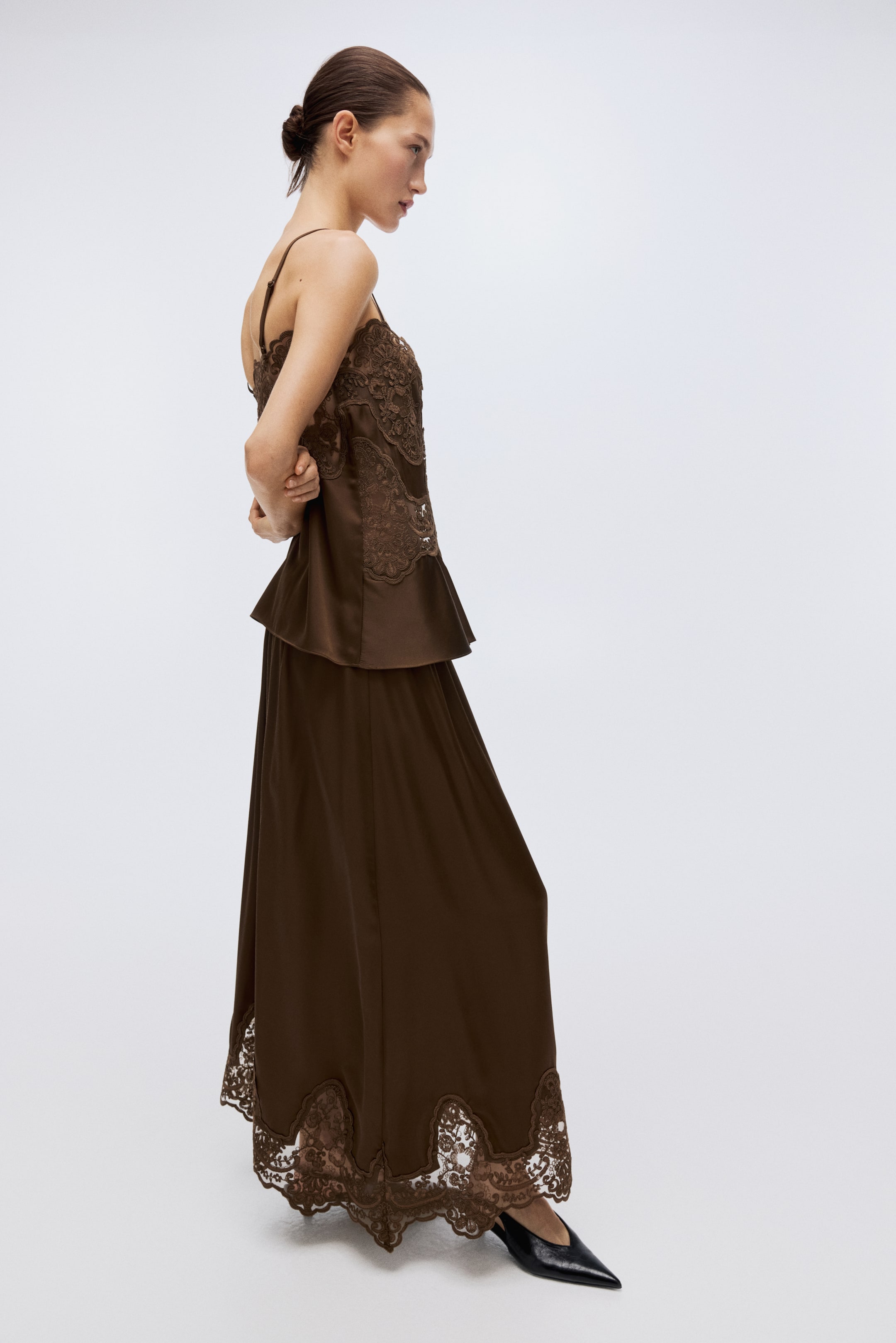 View larger image: Lace-trimmed satin skirt - Brown - Ladies | H&M 1