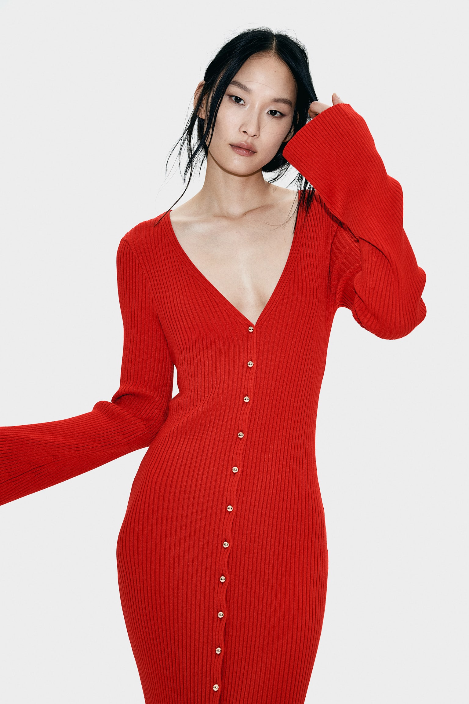 Rib-knit button-front dress - Red/Black - 5