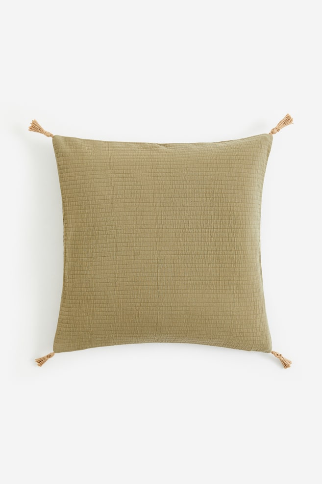 Tasselled cushion cover - Khaki green/Yellow/Beige - 1