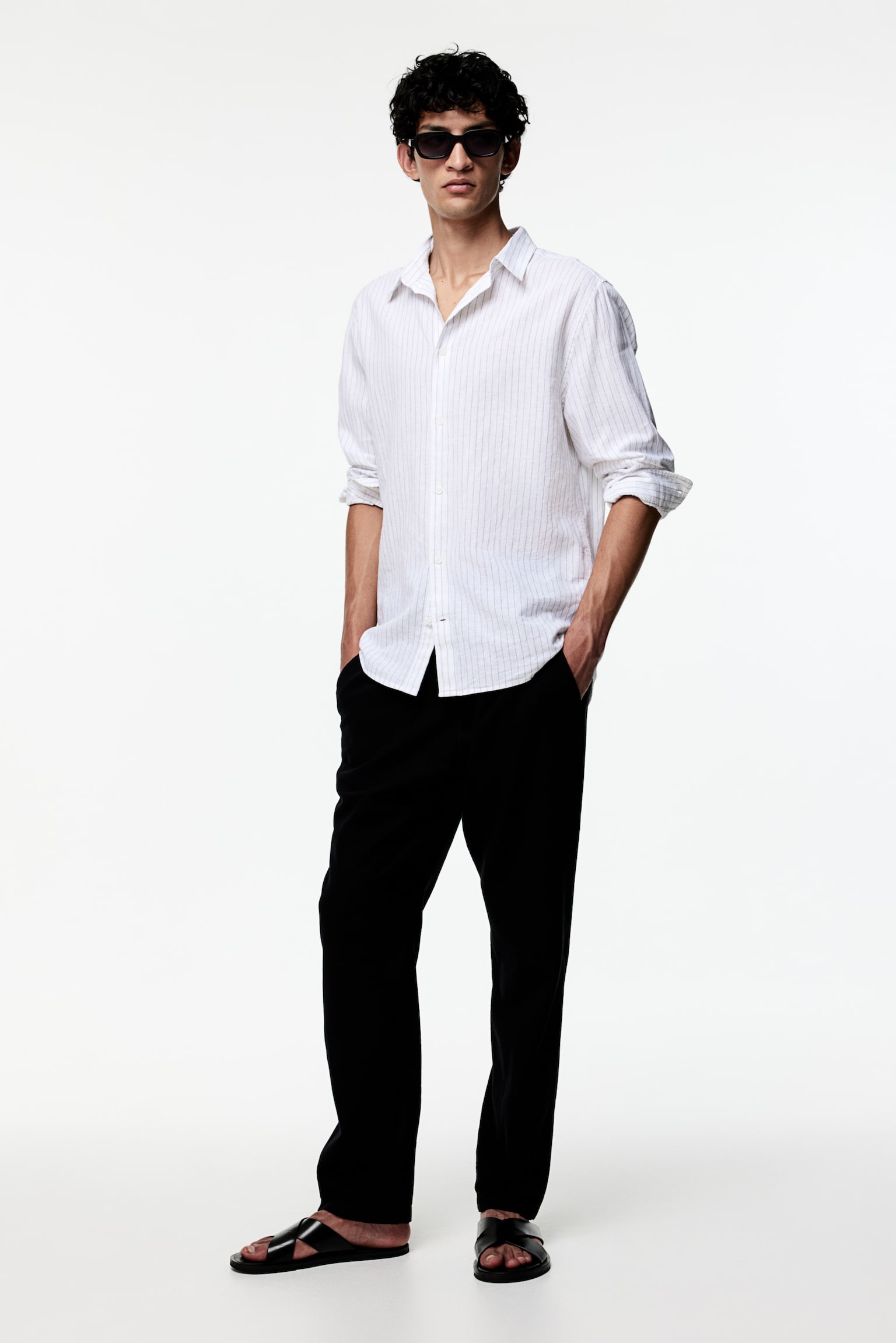 Regular Fit Linen-blend trousers - Black/White/Grey/White marl - 1