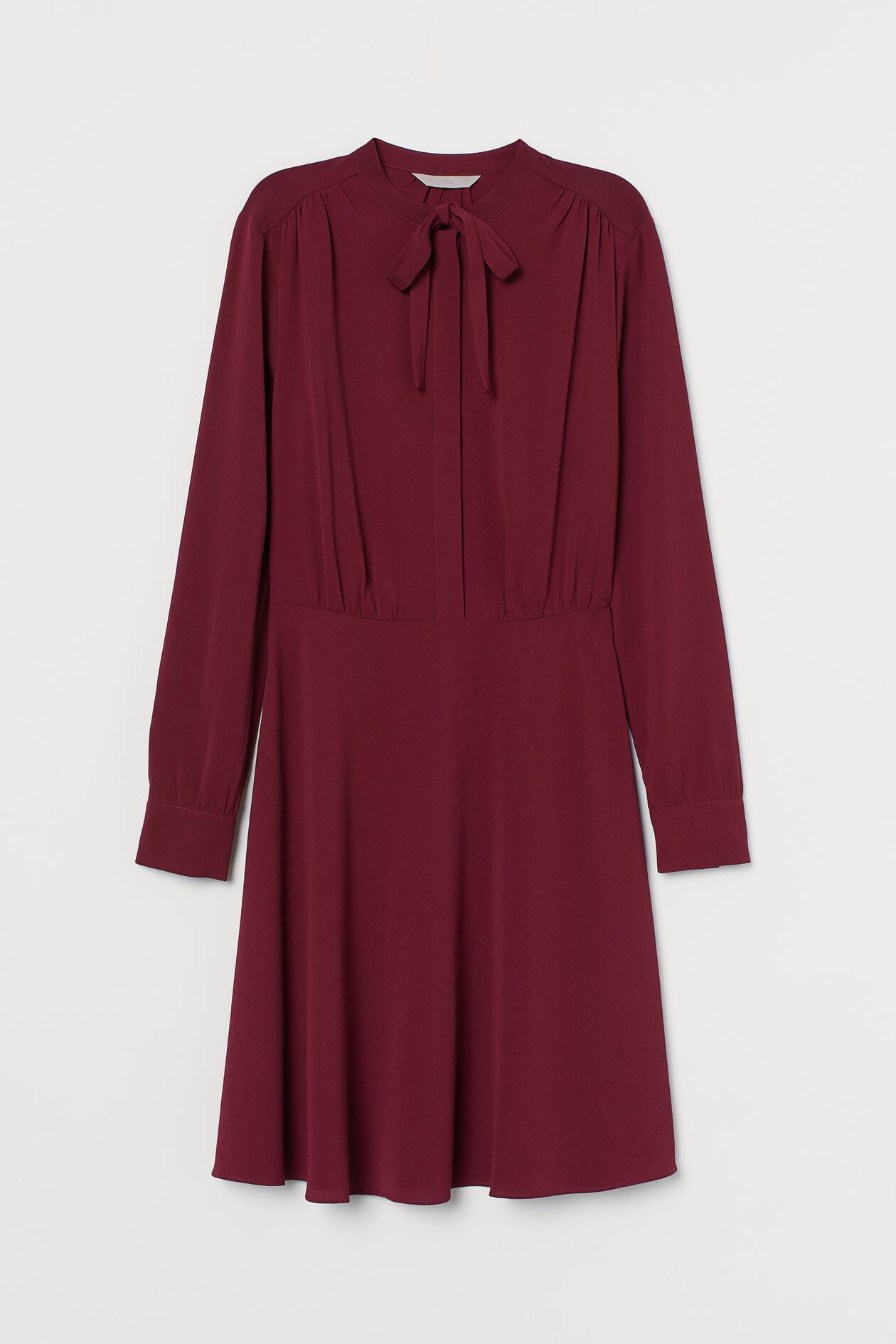 Crêped Dress with Ties - Round Neck - Long sleeve - Dark red - Ladies ...