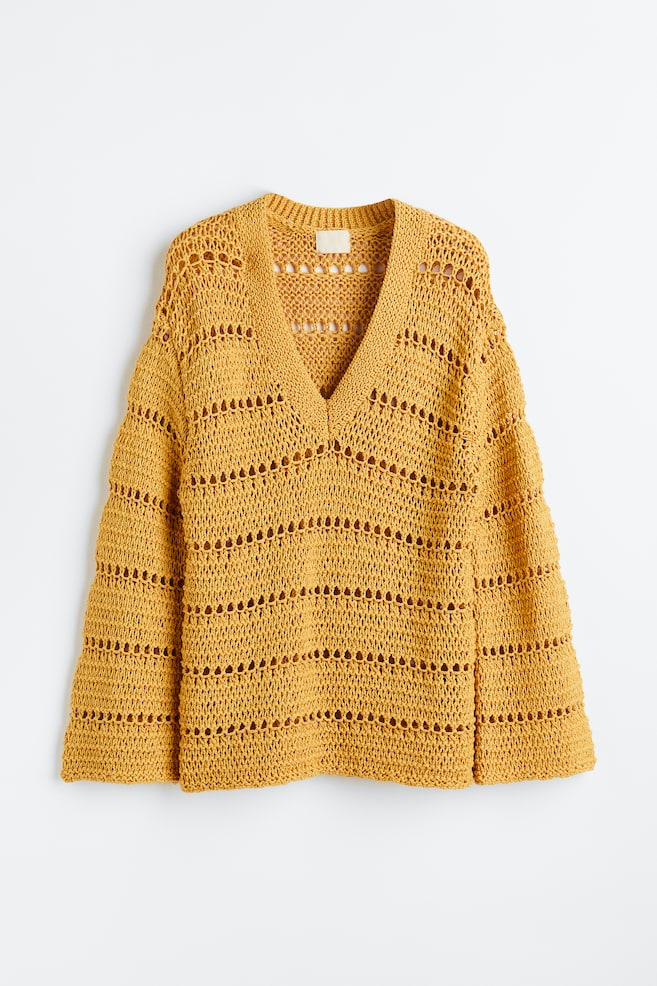 Oversized Pullover in Ajourstrick - Gelb/Hellbeige - 2