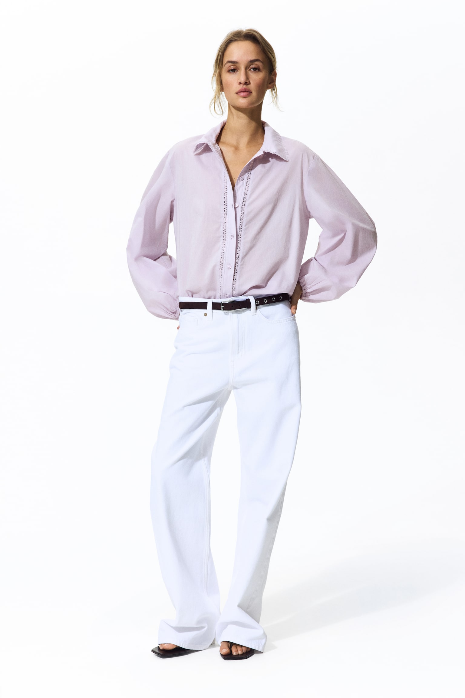 Lace-trimmed cotton shirt - Light purple/White - 4