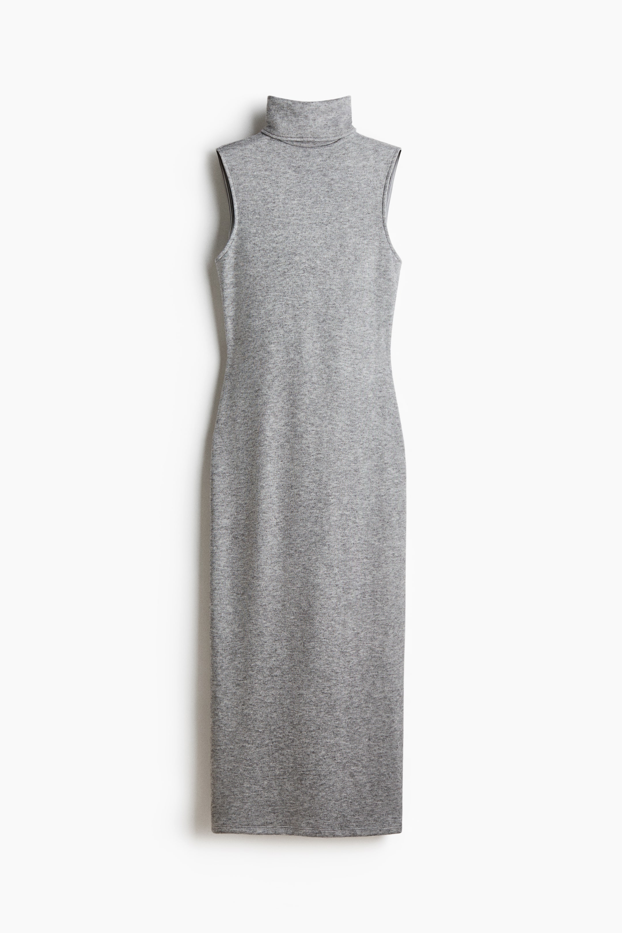 View larger image: A sleeveless, heather-grey knit dress is hanging facing the front, featuring a high turtleneck and a straight midi-length silhouette in a soft-textured marled fabric.