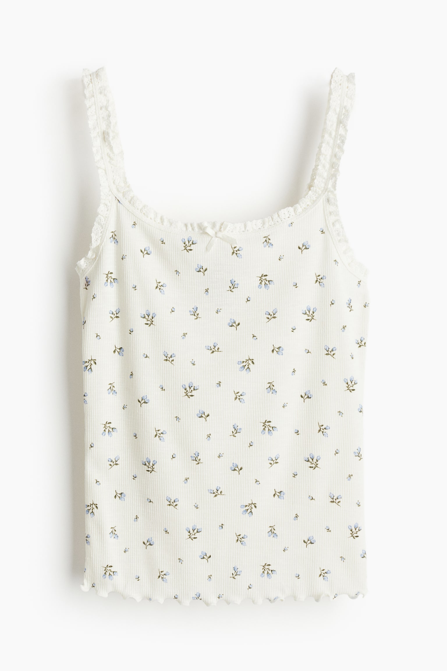 Lace-trimmed Tank Top - Sleeveless - Short - Cream/floral - Ladies | H&M US