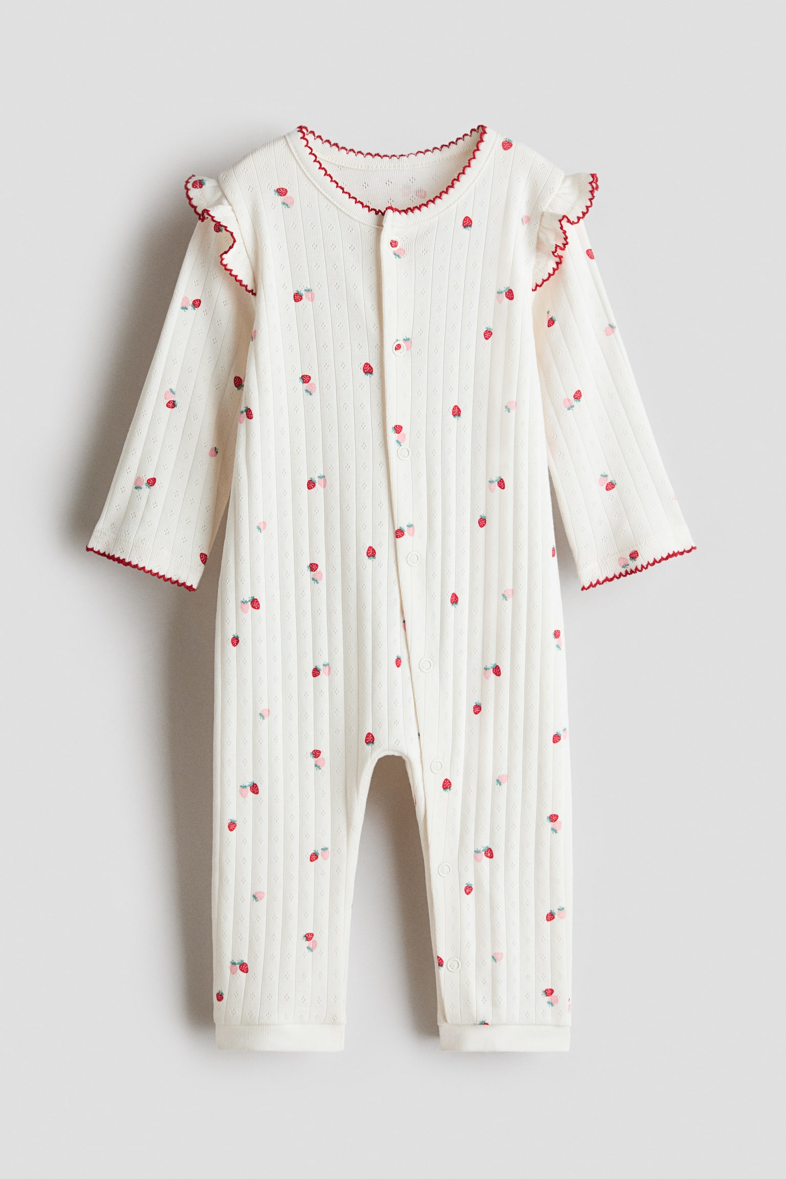 Pamuklu ve Delik Desenli Tulum Pijama - Krem/Çilekler