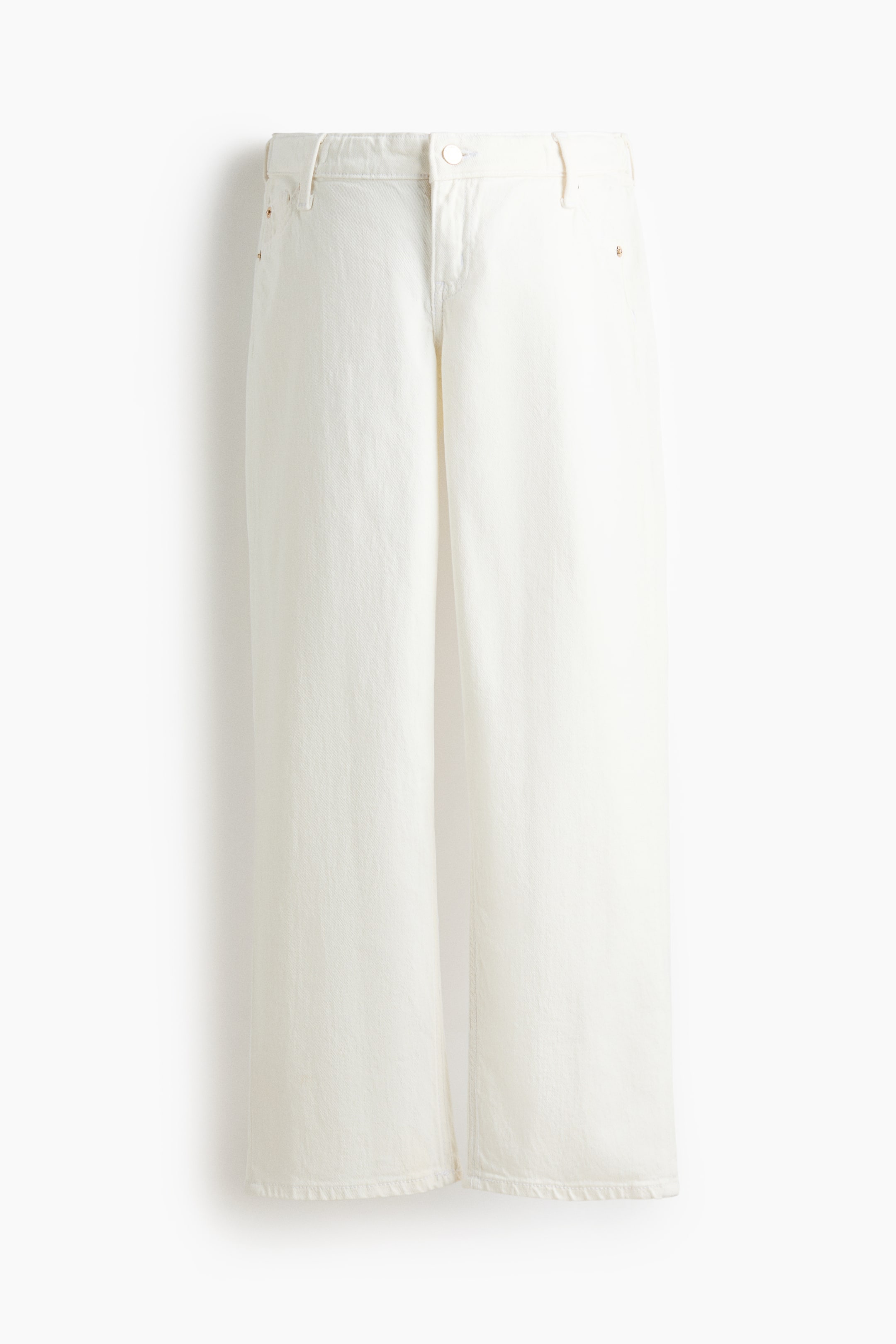 Visa större bild: Vita jeans med vida ben hänger platt, framåtvända, med knapp- och blixtlåsstängning, bältesöglor och rå kant.