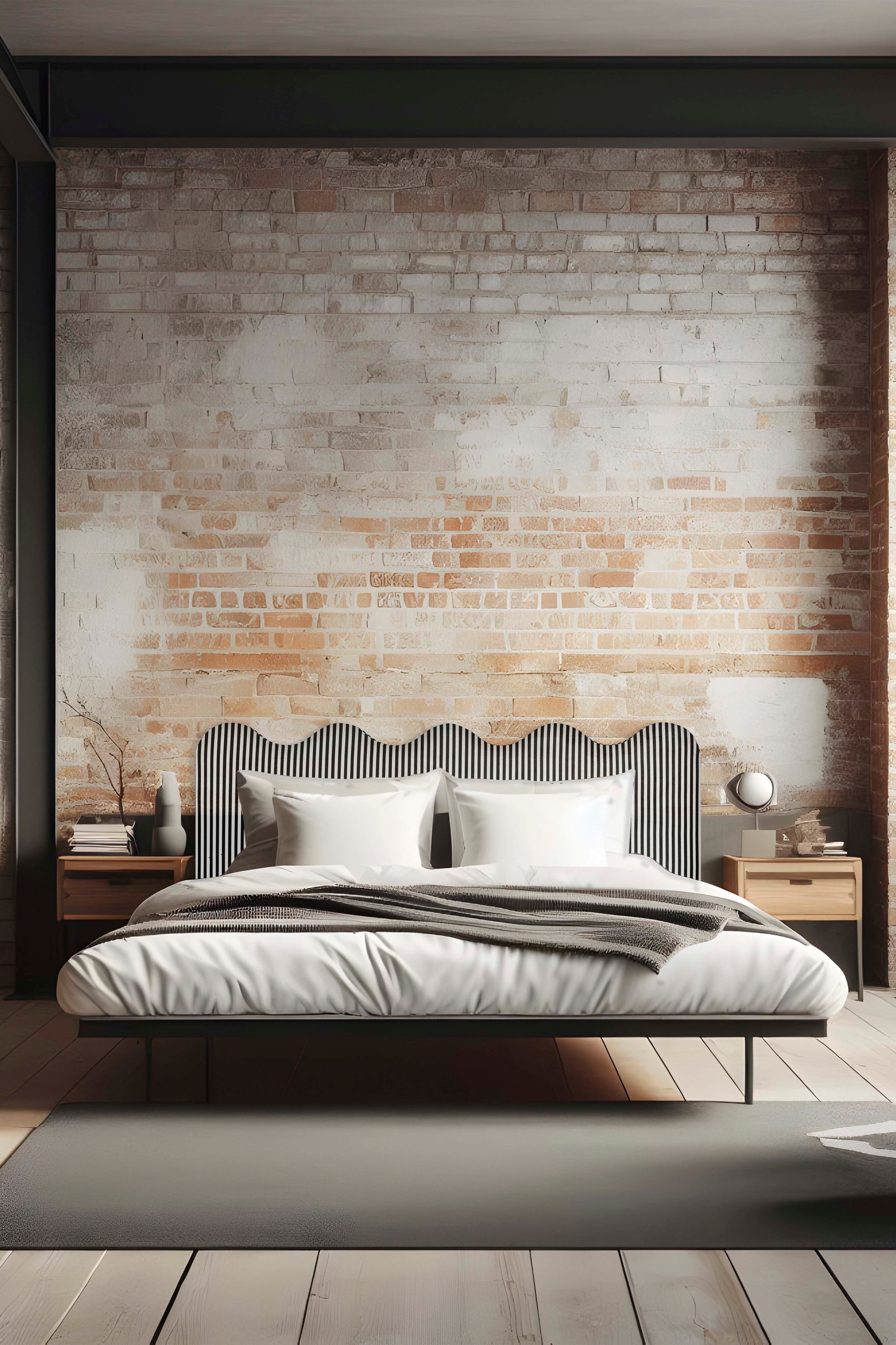 Cabecero Wavy Tapizado Forma De Onda - Rayas Blancas Y Negras/Azul Prusiano/Beis Peluche/Rayas Anchas Blancas Y Negras