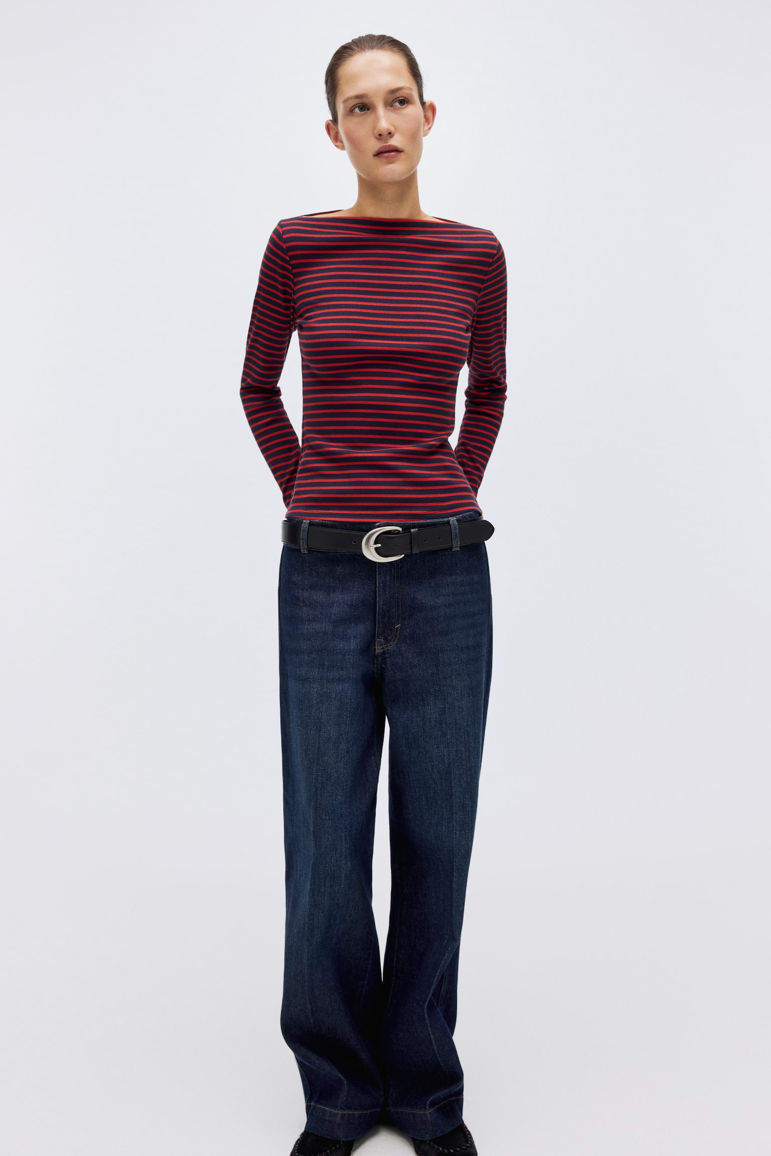 Ribbestrikket topp med båthals - Rød/Stripet/Marineblå/Hvit - 6