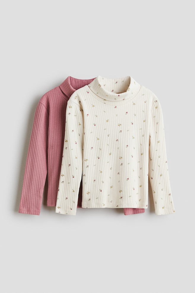 2-pack Ribbed Turtleneck Tops - Light pink/floral/Beige/cream/Dark dusty pink/cream striped - 1