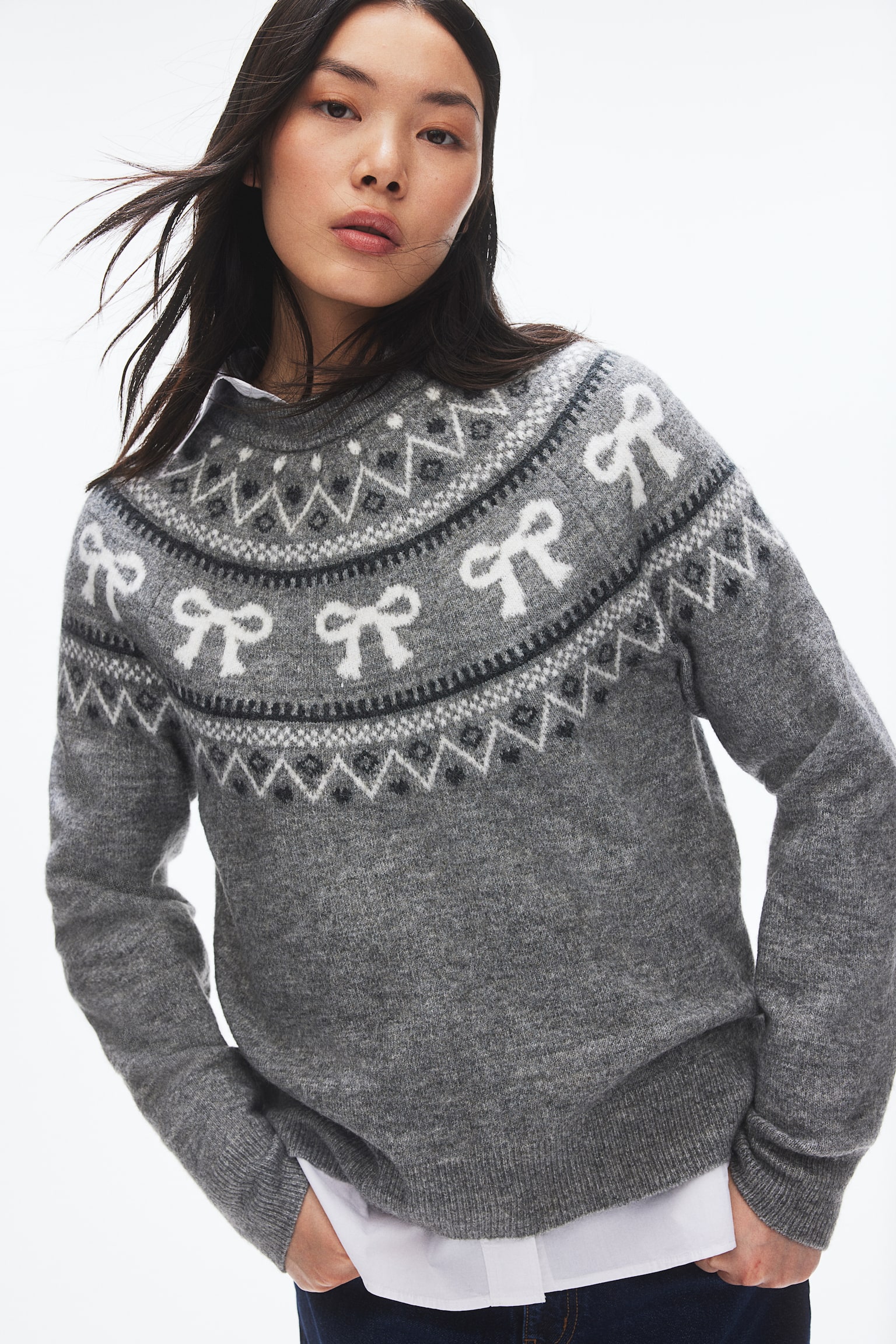 Jacquard-knit jumper - Grey marl/Bows/Dark beige/Hearts/Dark red/Skiers/Cream/Les Alpes - 1