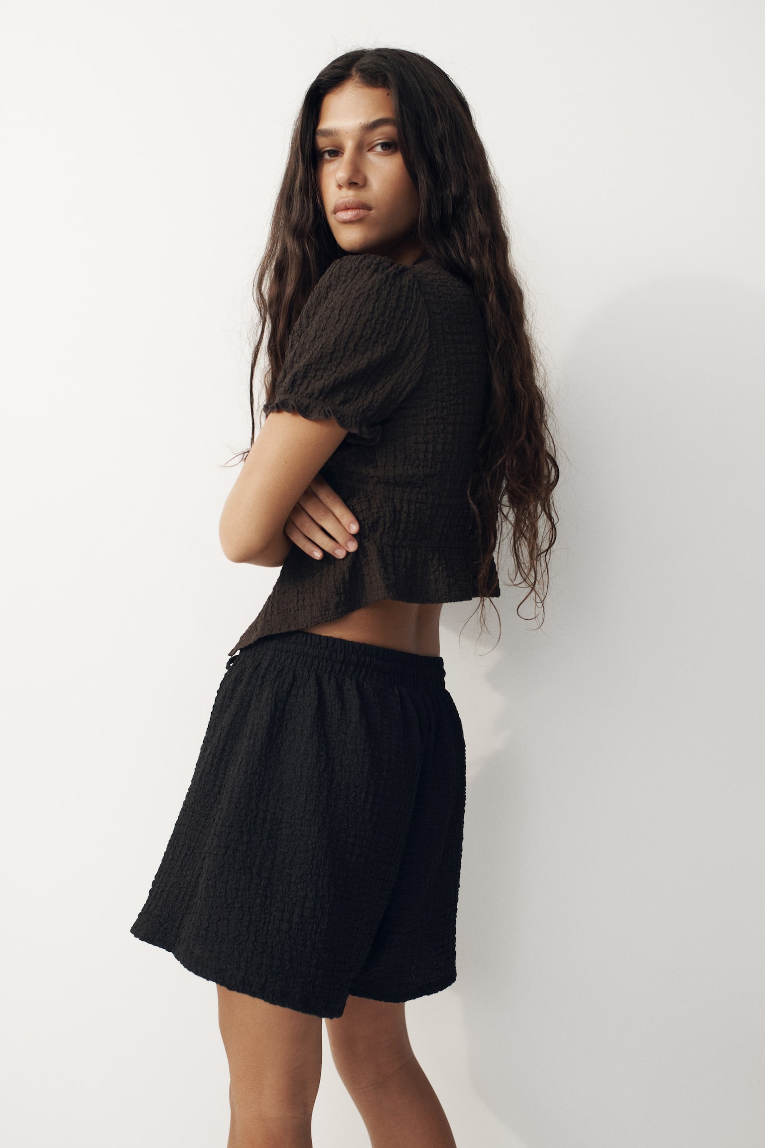 Shorts con cordón de ajuste en punto texturizado - Negro/Café oscuro/Rojo teja/Beige claro - 4