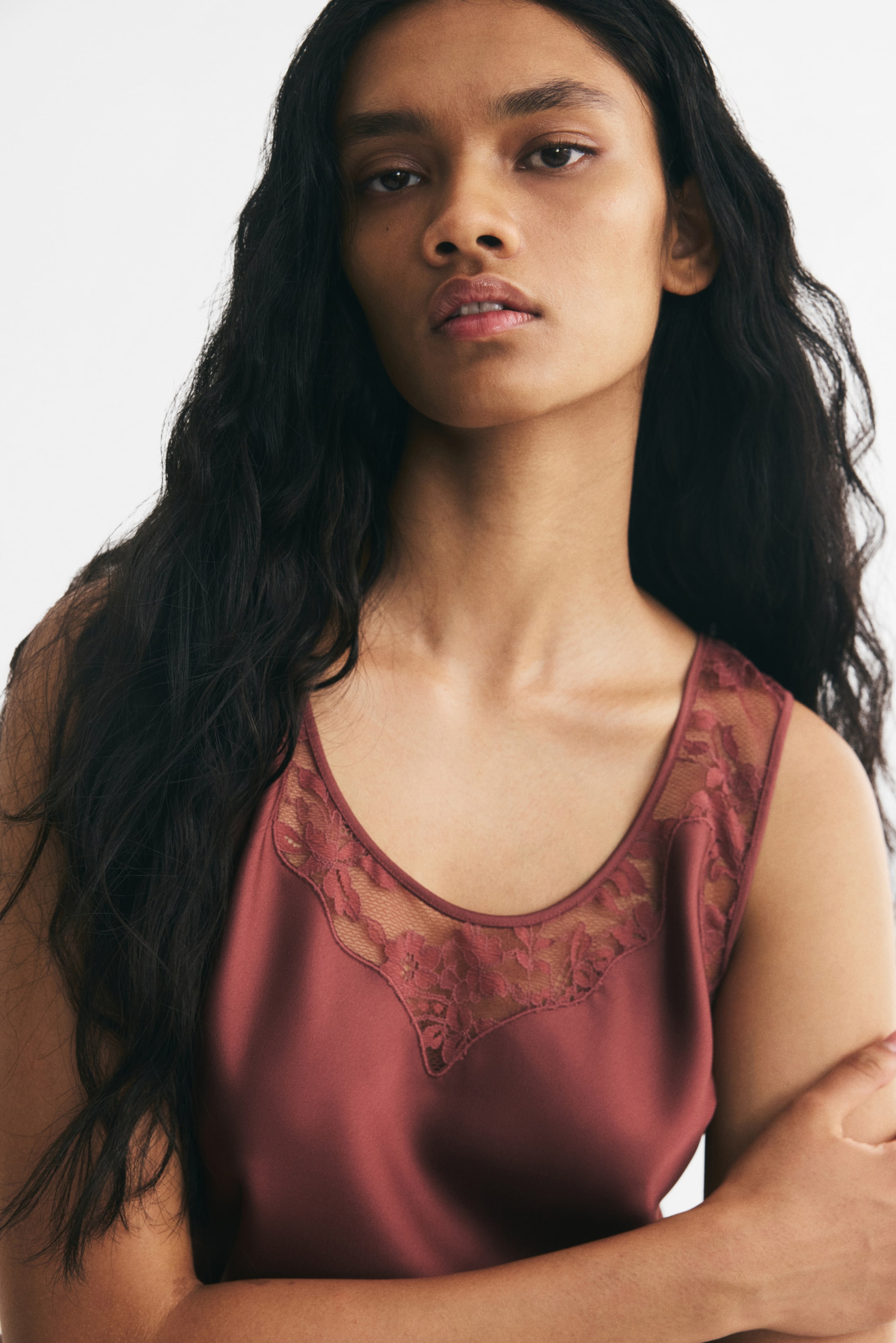 Lace-Inset Satin Top