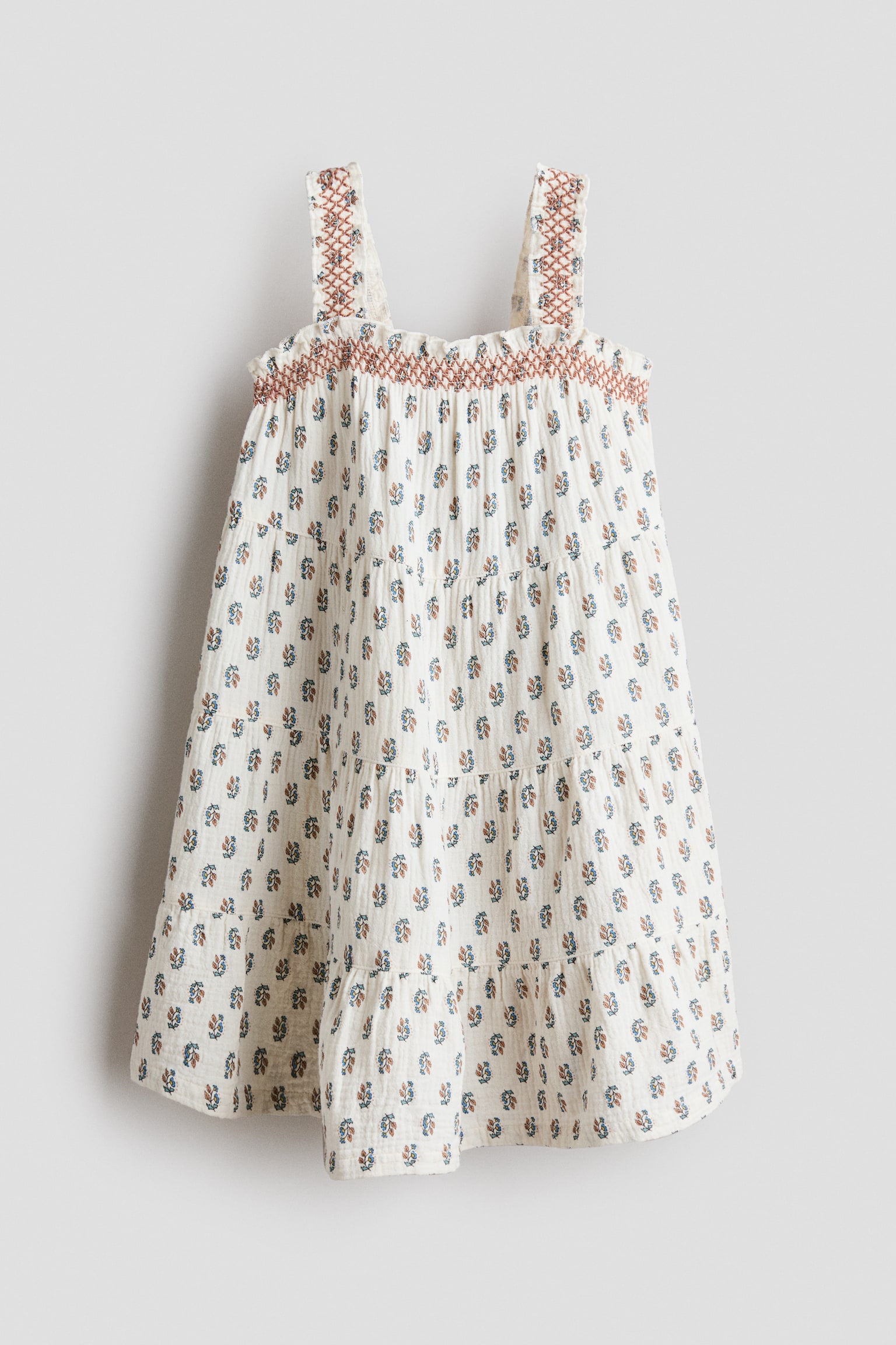 Pamuklu ve Askılı Muslin Elbise - Krem/Desenli - 1