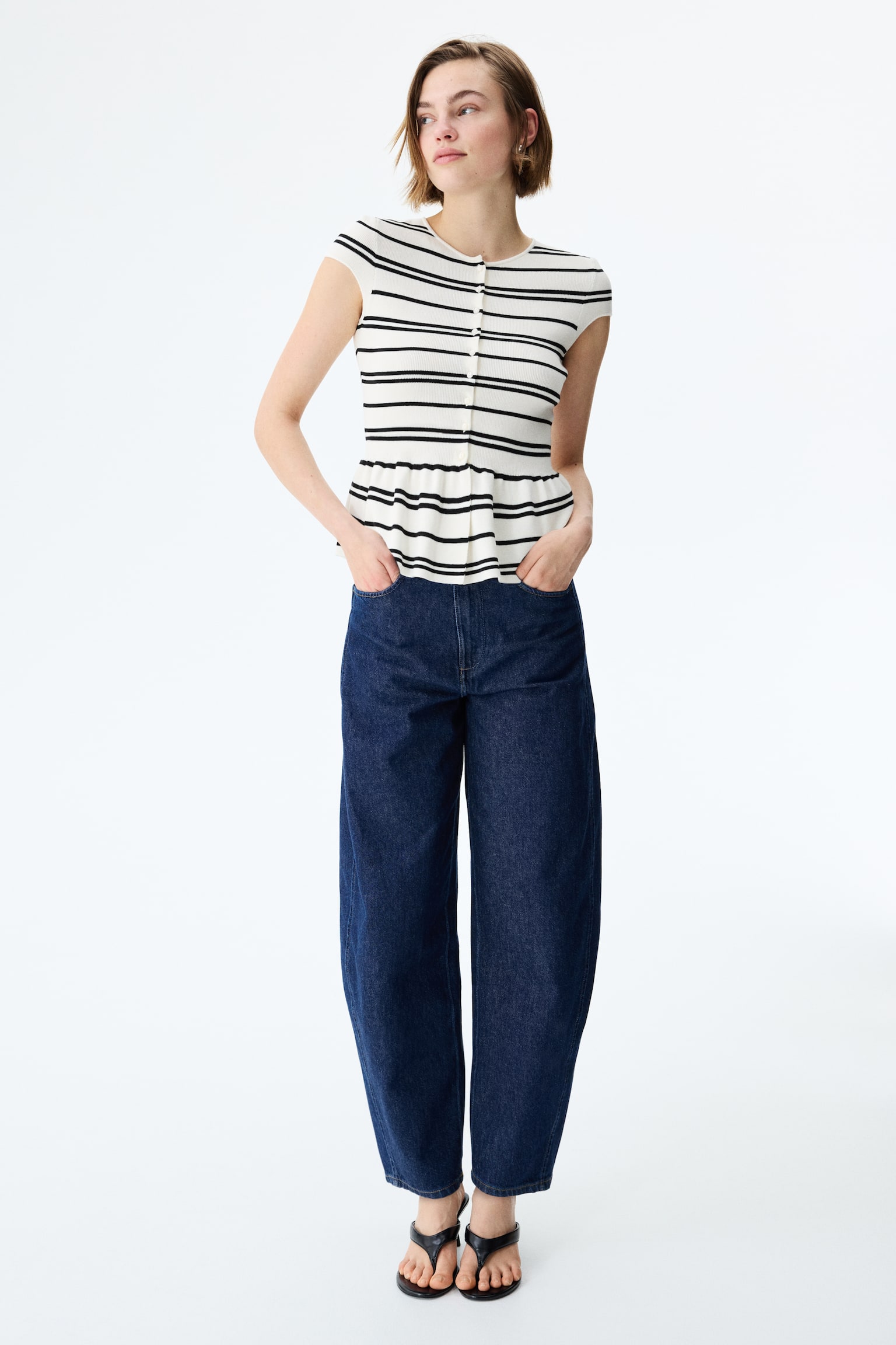Short-sleeved peplum cardigan - Cream/Striped/Black/White striped/Light pink/Burgundy - 3