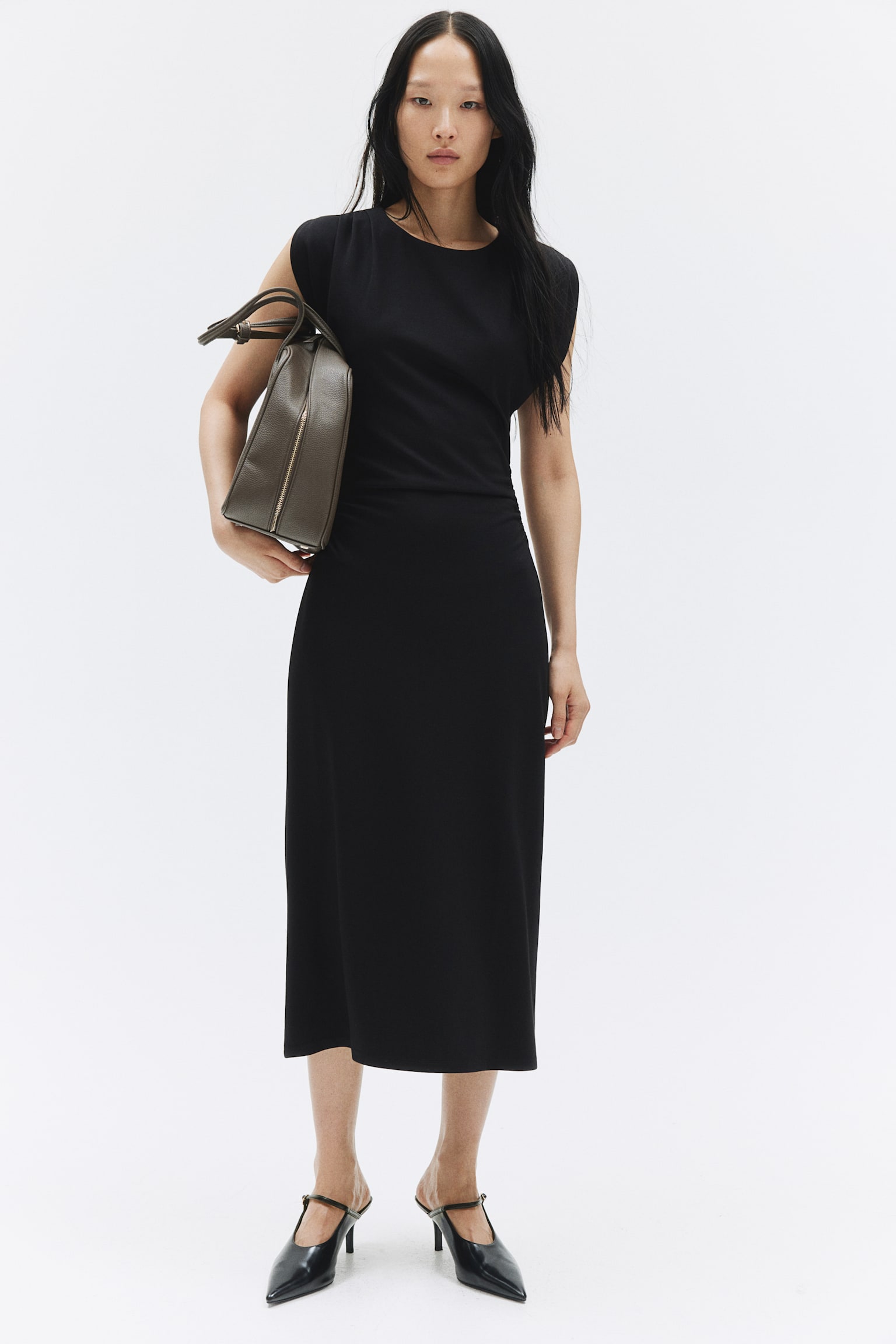 Boat-neck jersey dress - Black/Light beige - 4