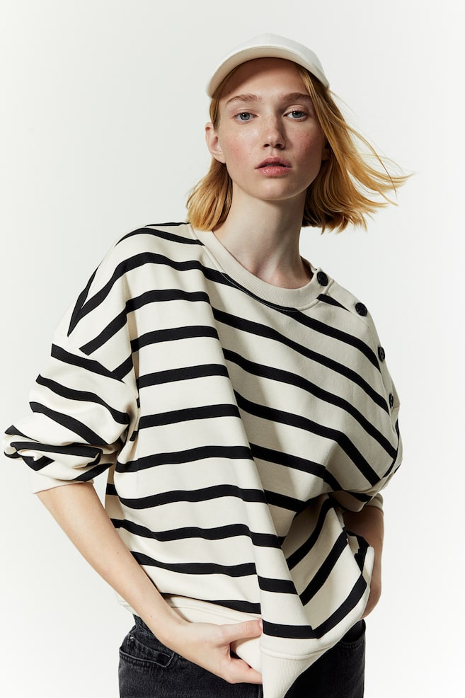 Button-detail sweatshirt - Light beige/Striped/Black/White striped - 4
