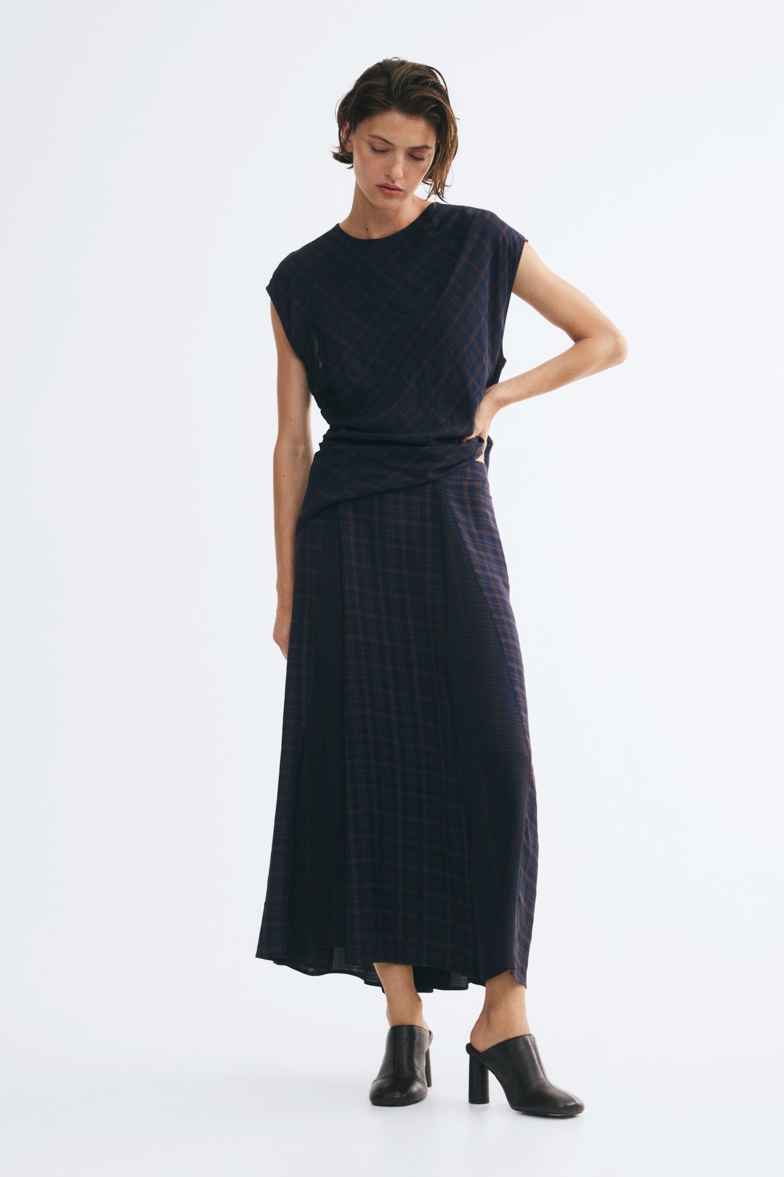 Pleated viscose-blend skirt - Navy blue/Brown - 1