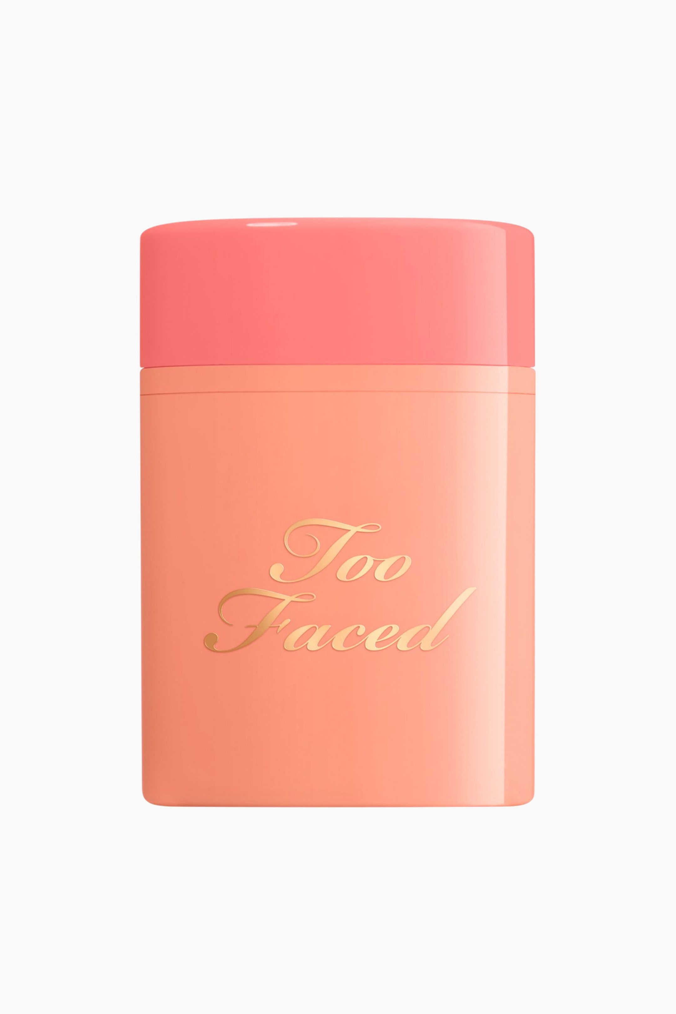 Visa större bild: En rektangulär makeup-primerflaska står upprätt och vänd framåt, med en persikofärgad kropp toppad med en kontrasterande rosa kork. På framsidan av behållaren visas varumärket "Too Faced" i ett metalliskt guldfärgat skriptteckensnitt.