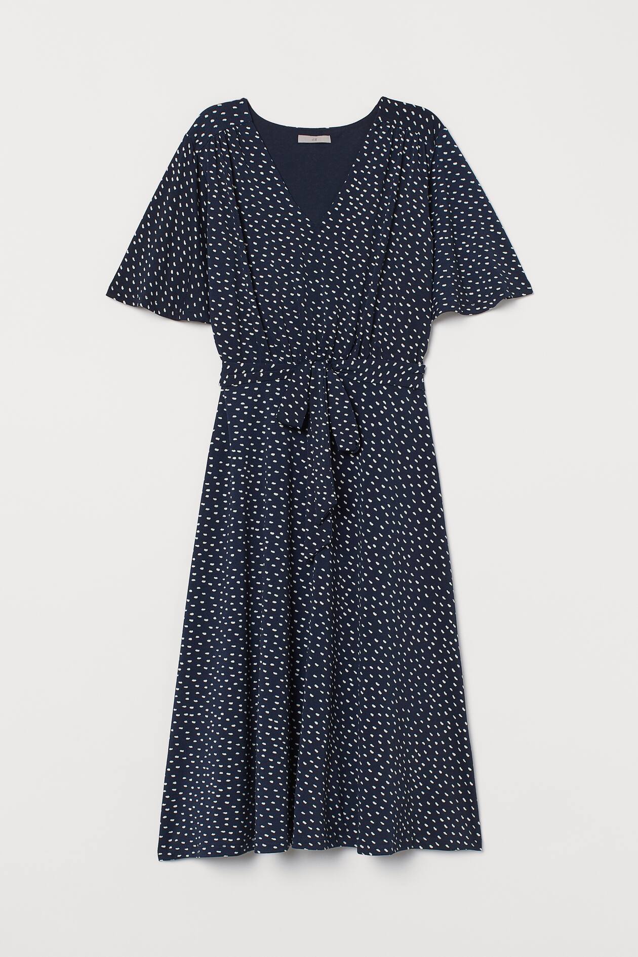 Crêped Jersey Dress - V-neck - Short sleeve - Dark blue/white dotted ...