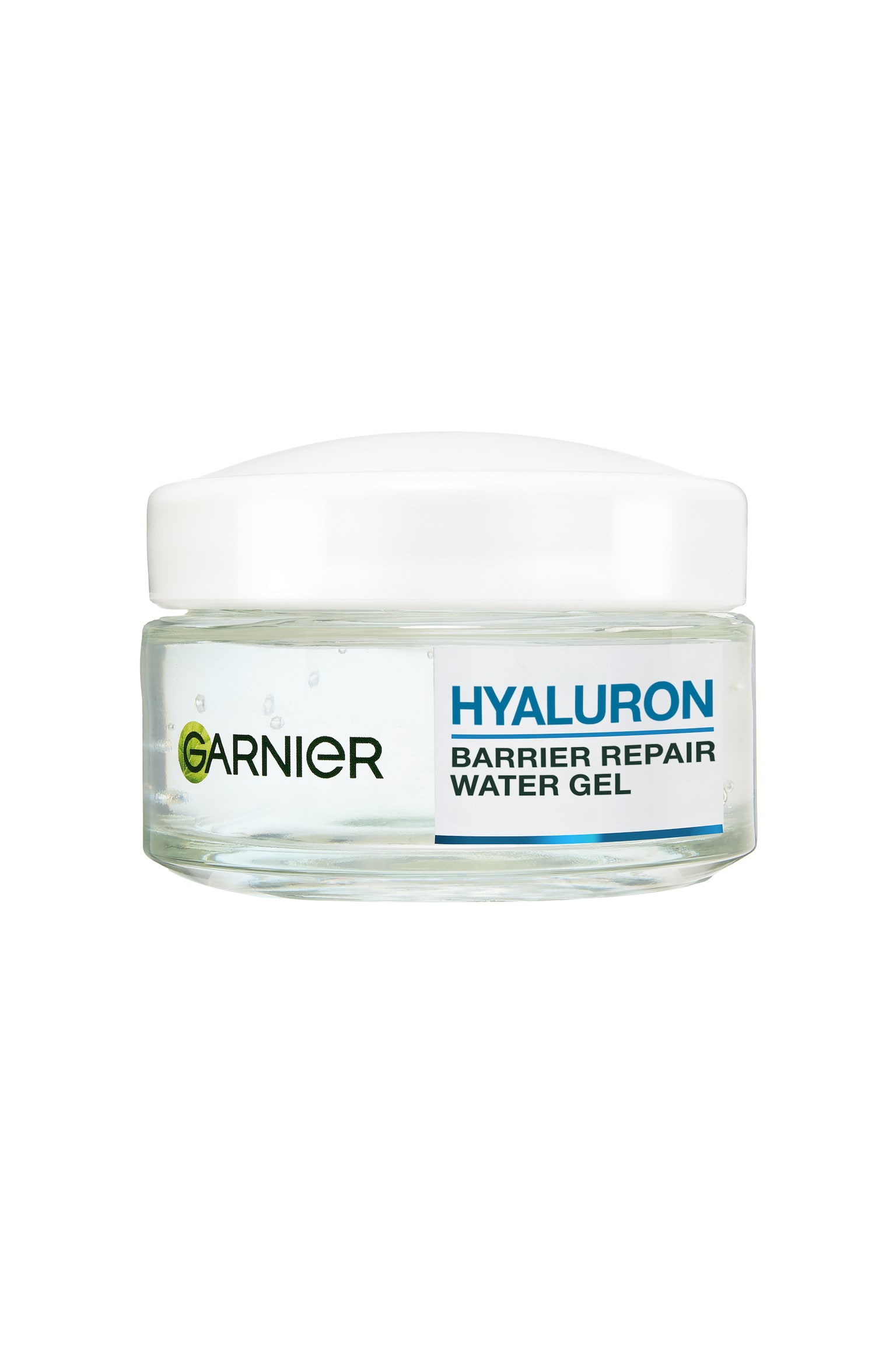 Garnier Hyaluron Barrier Repair Water Gel on kuvattu edestÃ¤ pÃ¤in, ja se esittÃ¤Ã¤ kirkasta lasipurkkia, joka on tÃ¤ynnÃ¤ lÃ¤pinÃ¤kyvÃ¤Ã¤ geeliÃ¤, jossa on pieniÃ¤ ilmakuplia. Purkissa on valkoinen kupolimainen kansi, ja siinÃ¤ on valkoinen etiketti, jossa vasemmalla on vihreÃ¤ âGARNIERâ-logo ja oikealla tuotteen nimi âHYALURON BARRIER REPAIR WATER GELâ sinisellÃ¤ ja mustalla tekstillÃ¤.