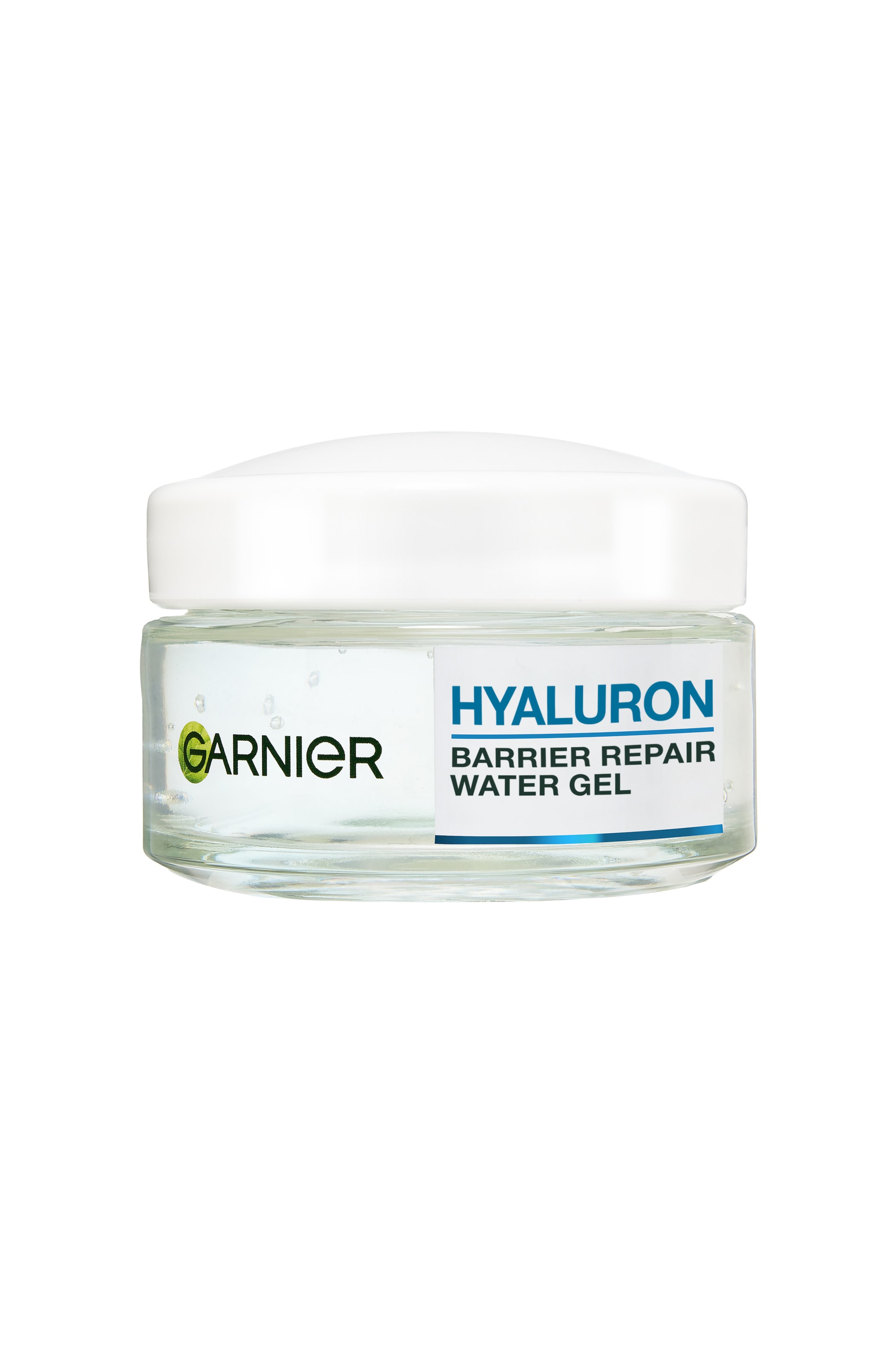 Visa större bild: Garnier Hyaluron Barrier Repair Water Gel står framifrån och visar en klar glasburk fylld med en transparent gel med små luftbubblor. Burken har ett vitt kupolformat lock och en vit etikett med den gröna ”GARNIER”-logotypen till vänster samt produktnamnet ”HYALURON BARRIER REPAIR WATER GEL” i blå och svart text till höger.